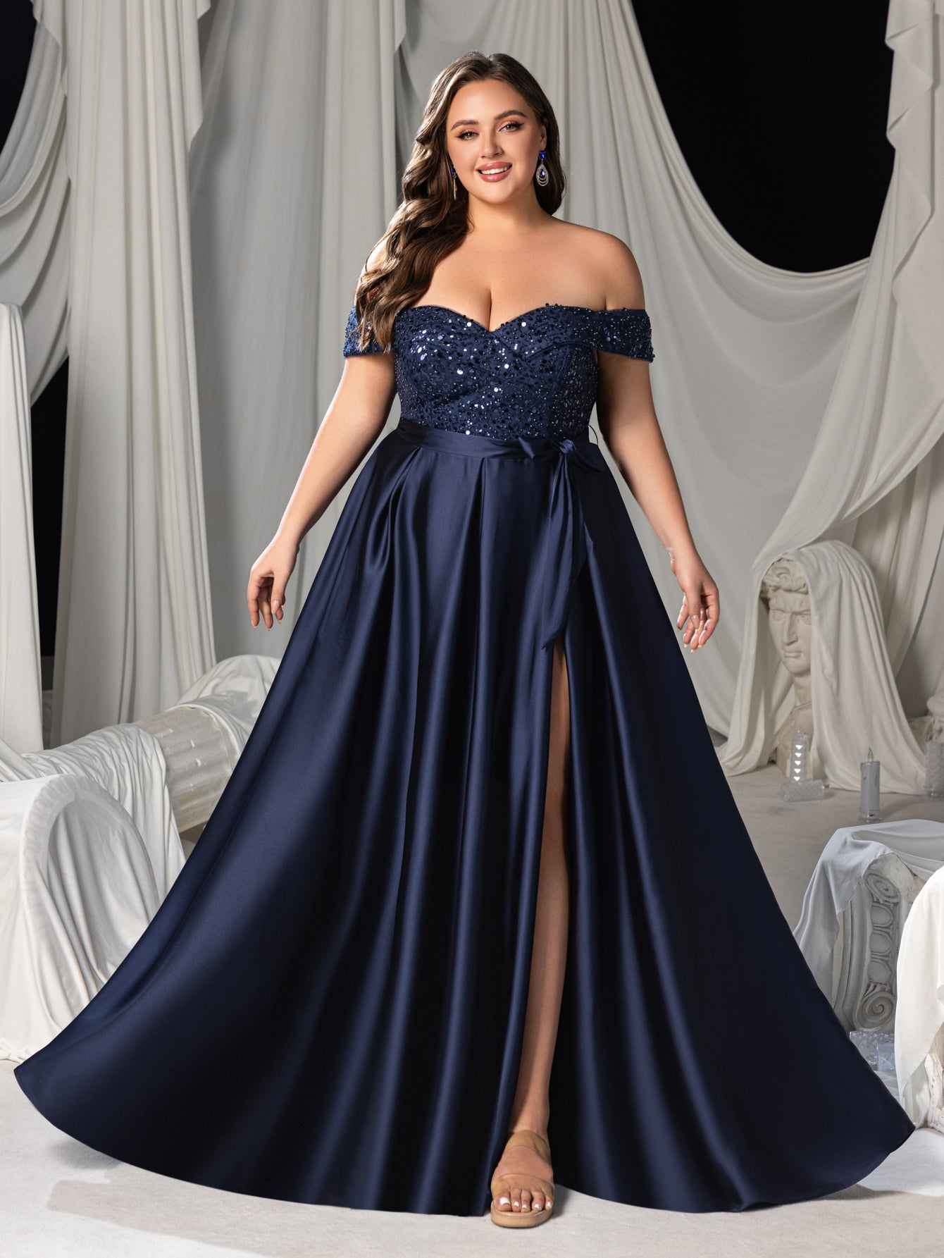 Plus Elegant Off-Shoulder Evening Gown with Sequin Embellishments – High Slit Satin Skirt & Back Zipper for Luxury Weddings or Evening Glam