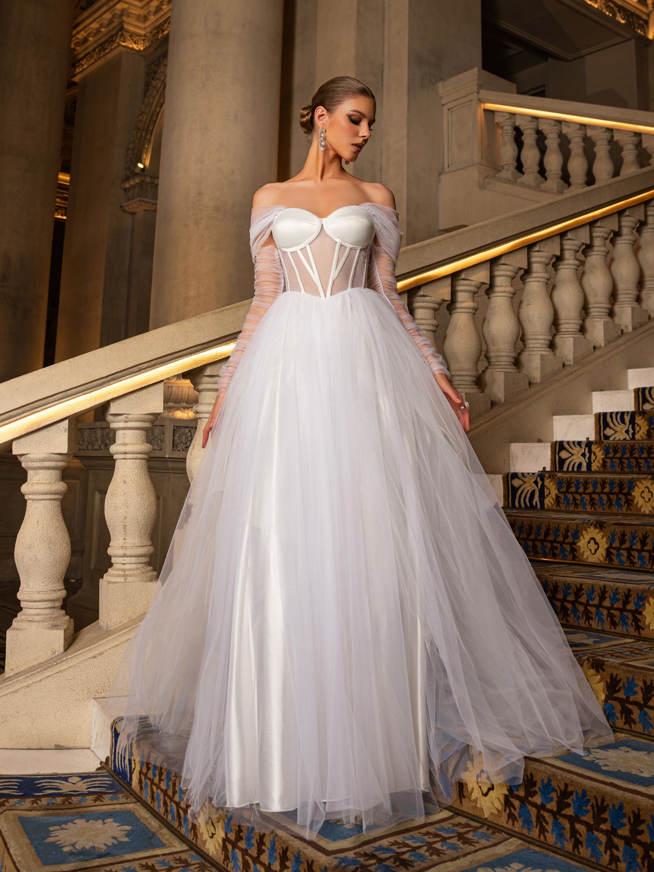Elegant Off Shoulder Sheer Sleeves Tulle Evening Gown Wedding Dress