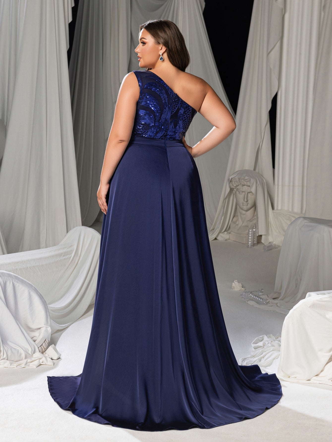 Plus Size Gorgeous One-Shoulder Sleeveless Sequin Formal Dress Navy Blue / 2XL Plus Size Gorgeous One-Shoulder Sleeveless Sequin Formal Dress Navy Blue / 2XL