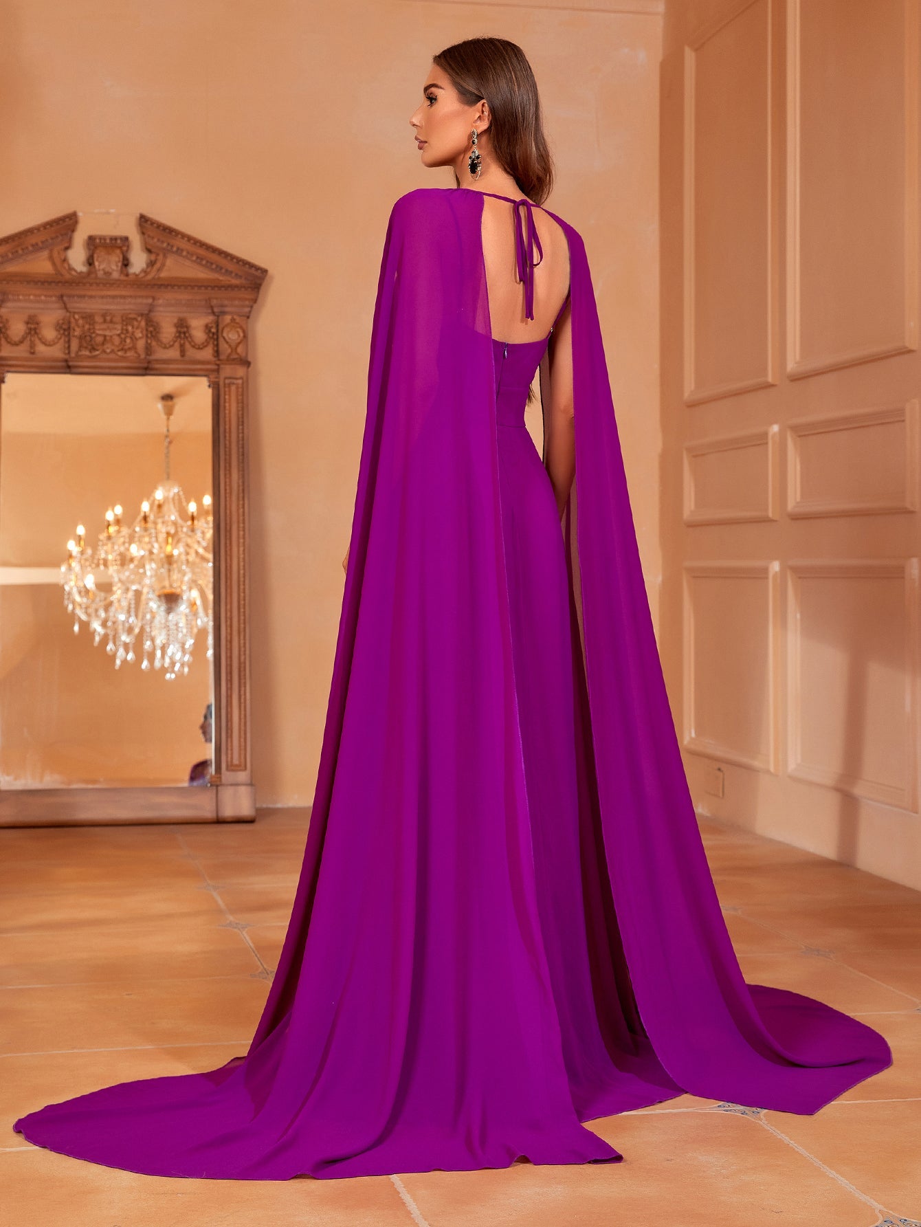 Elegant Backless Chiffon Cami Formal Dress With Cape