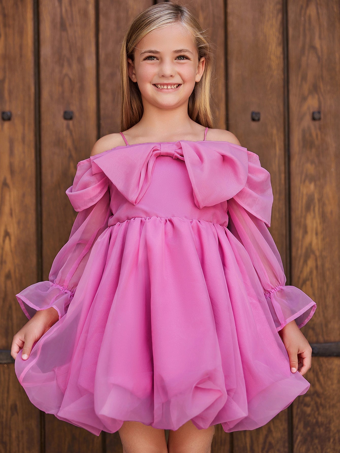 Girl's Off Shoulder Bow Front Puff Dress
