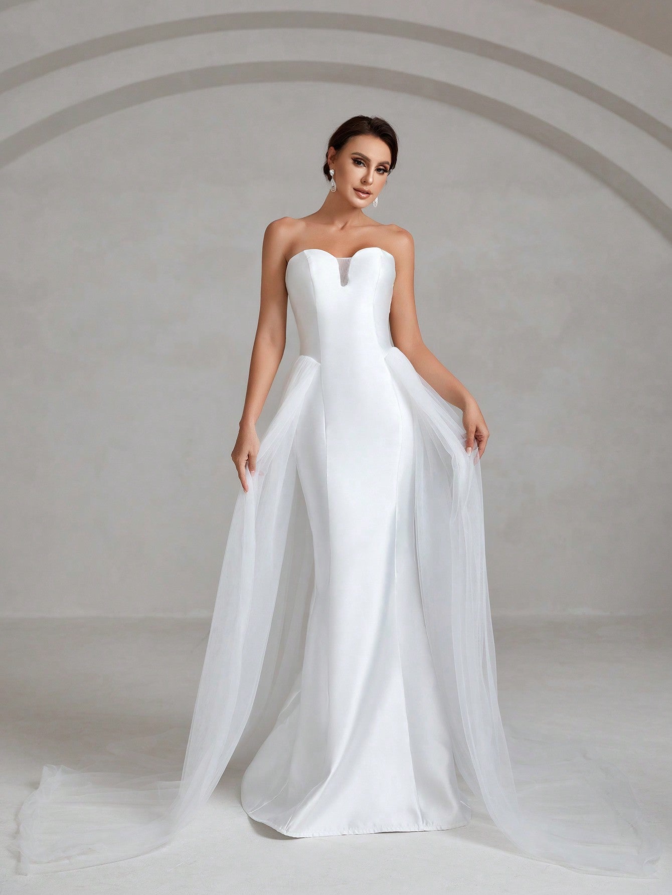 Mesh Overlay Satin Tube Wedding Dress