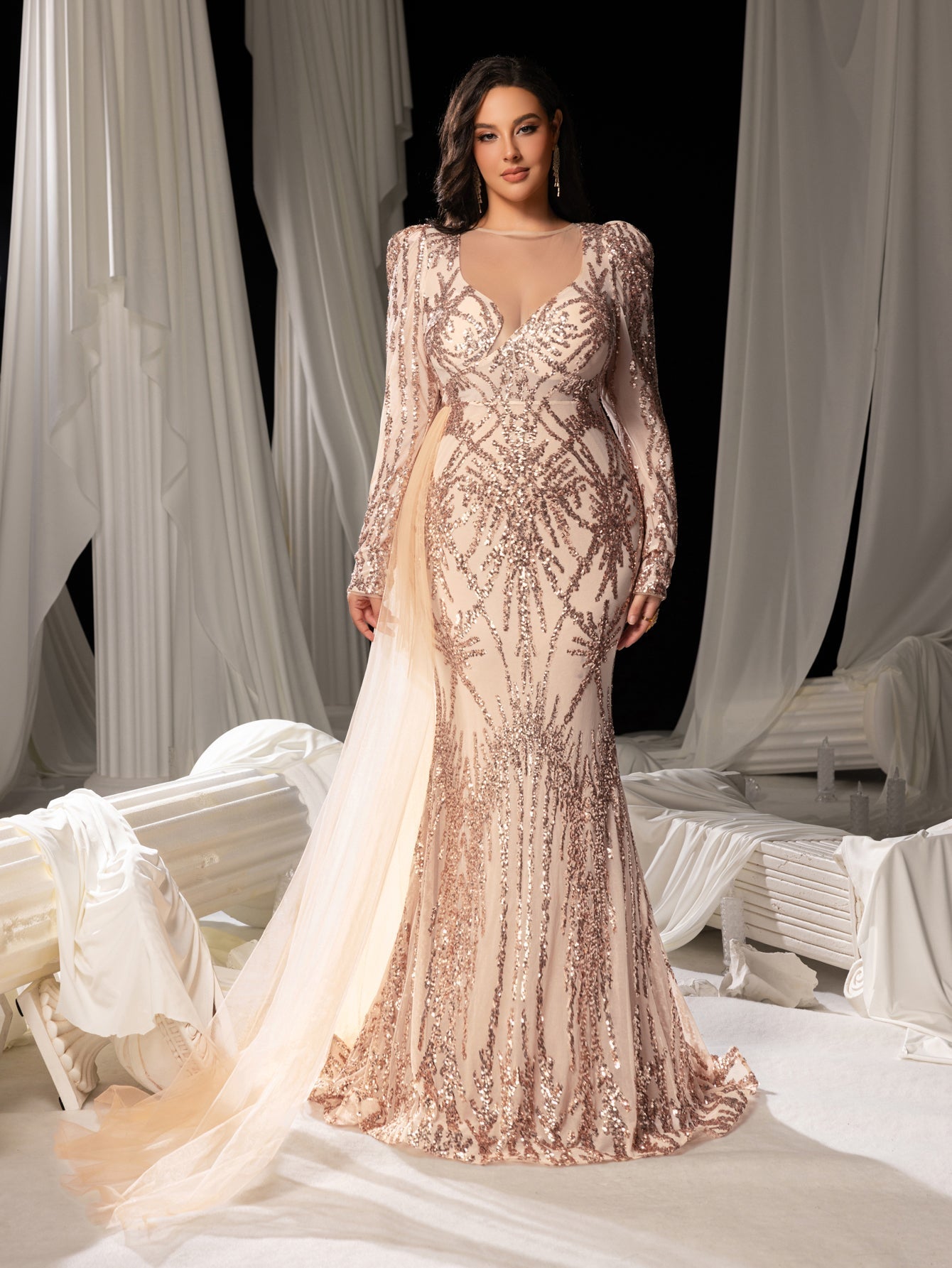 Gorgeous Graphic Sequin Sheer Overlay Mermaid Hem Evening Dress