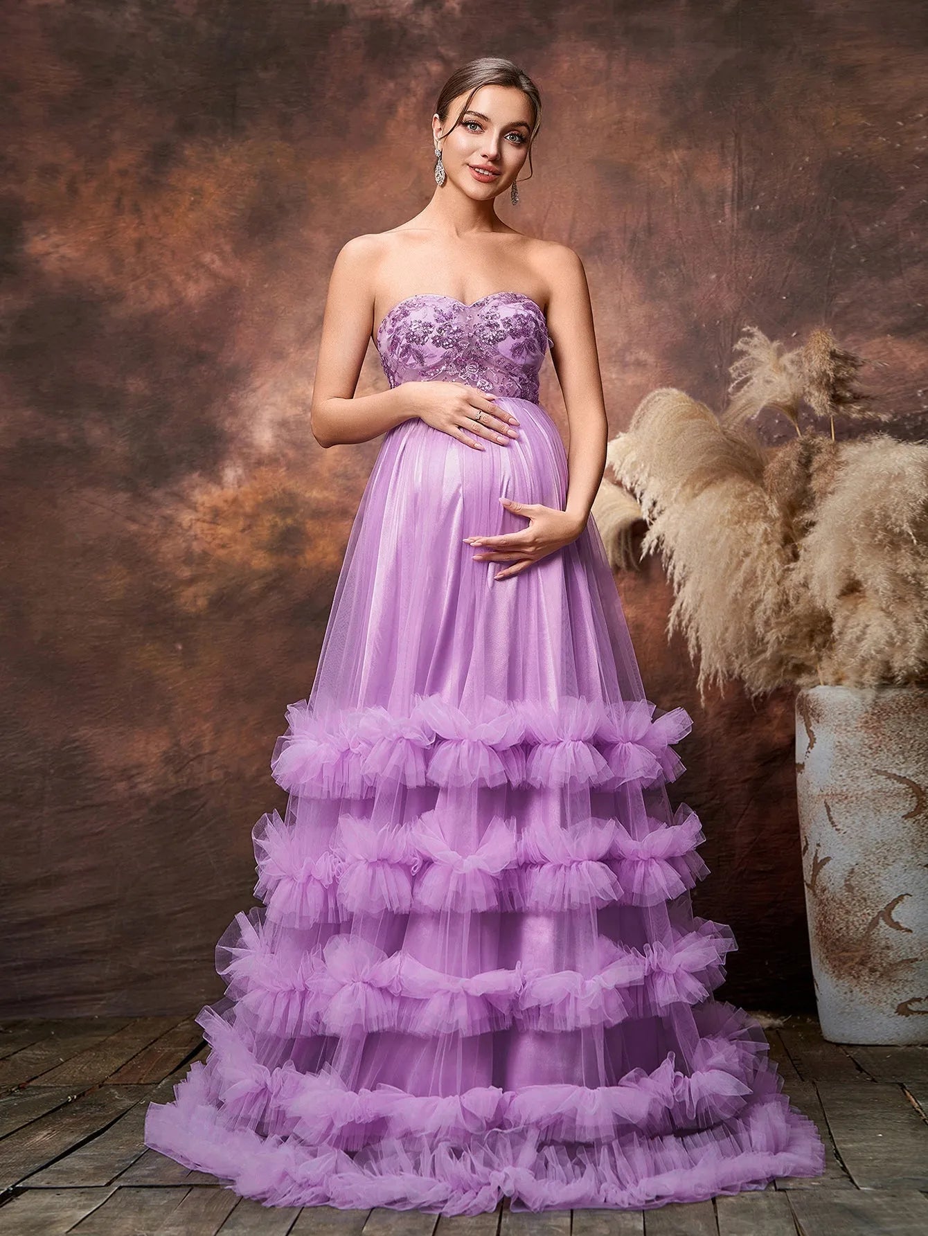 Maternity Strapless Sequin Bodice Contrast Cascading Ruffle Tulle Hem Purple / M Maternity Strapless Sequin Bodice Contrast Cascading Ruffle Tulle Hem Purple / M