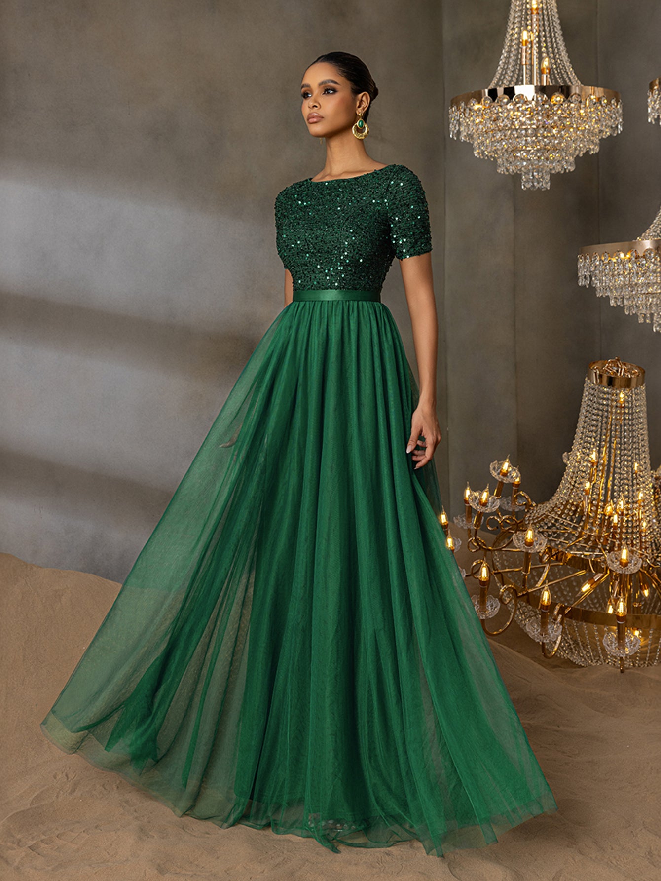 Elegant Tulle Party Dress with Sequin Top & Tulle Skirt – Luxury Even Dark Green / XS Elegant Tulle Party Dress with Sequin Top & Tulle Skirt – Luxury Even Dark Green / XS