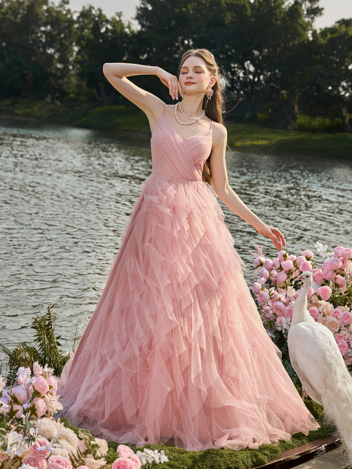 Elegant V Neck Mesh Overlay Cami Wedding Dress