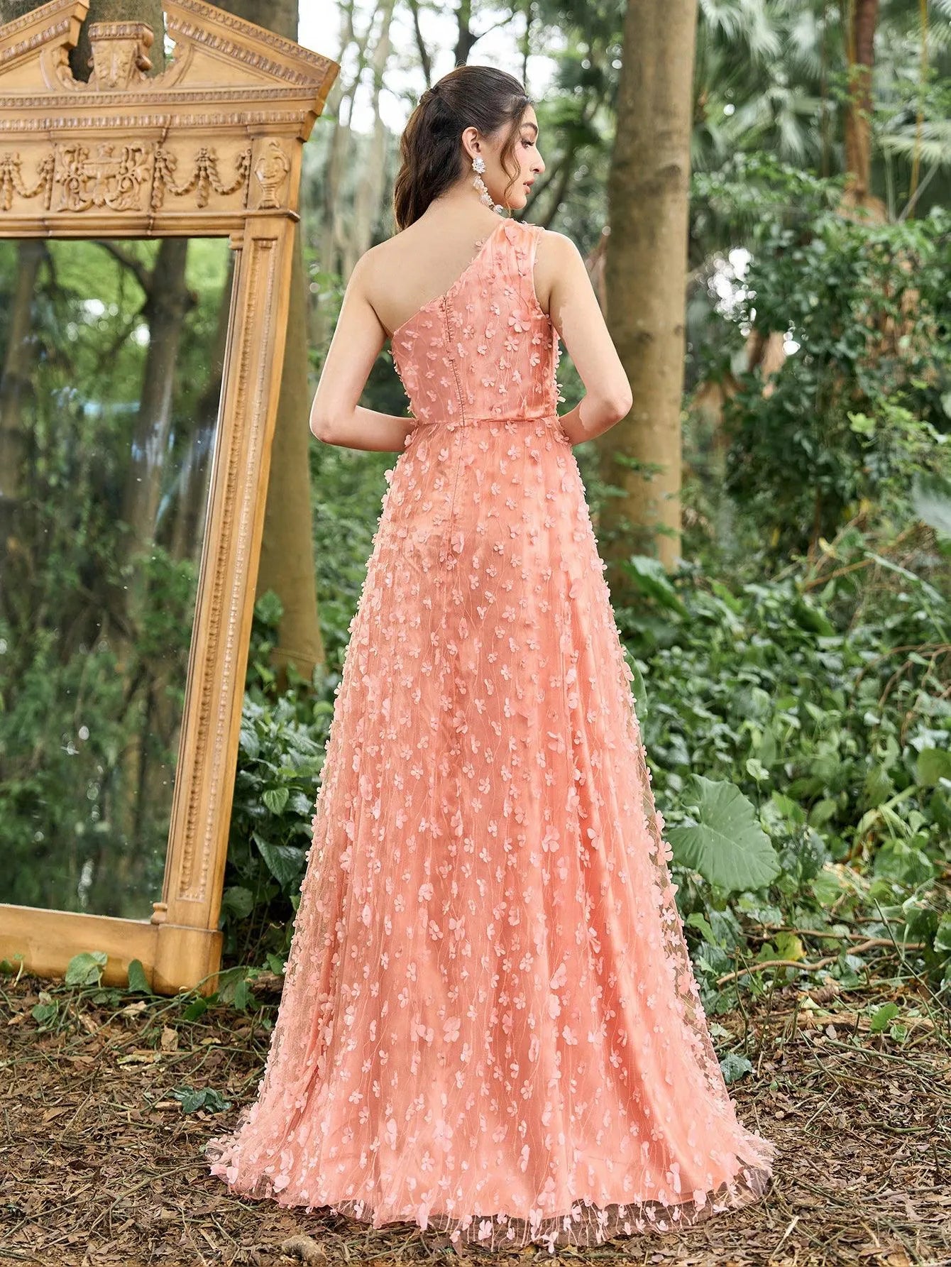 Elegant One Shoulder Lace-Up Back Floral Applique Prom Dress Pink / XL Elegant One Shoulder Lace-Up Back Floral Applique Prom Dress Pink / XL