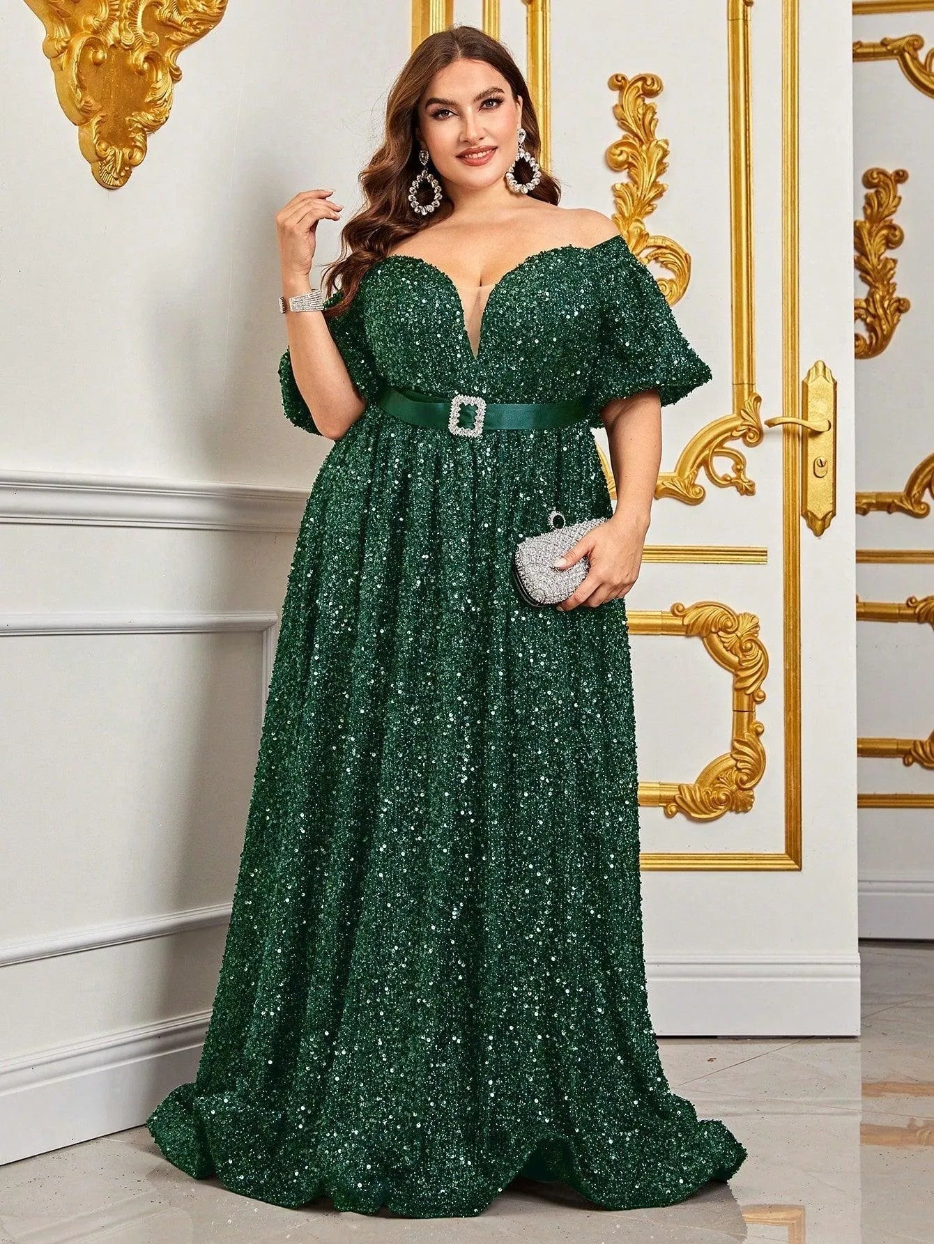 Plus Off Shoulder Puff Sleeves Sequin Formal Dress Dark Green / 1XL Plus Off Shoulder Puff Sleeves Sequin Formal Dress Dark Green / 1XL