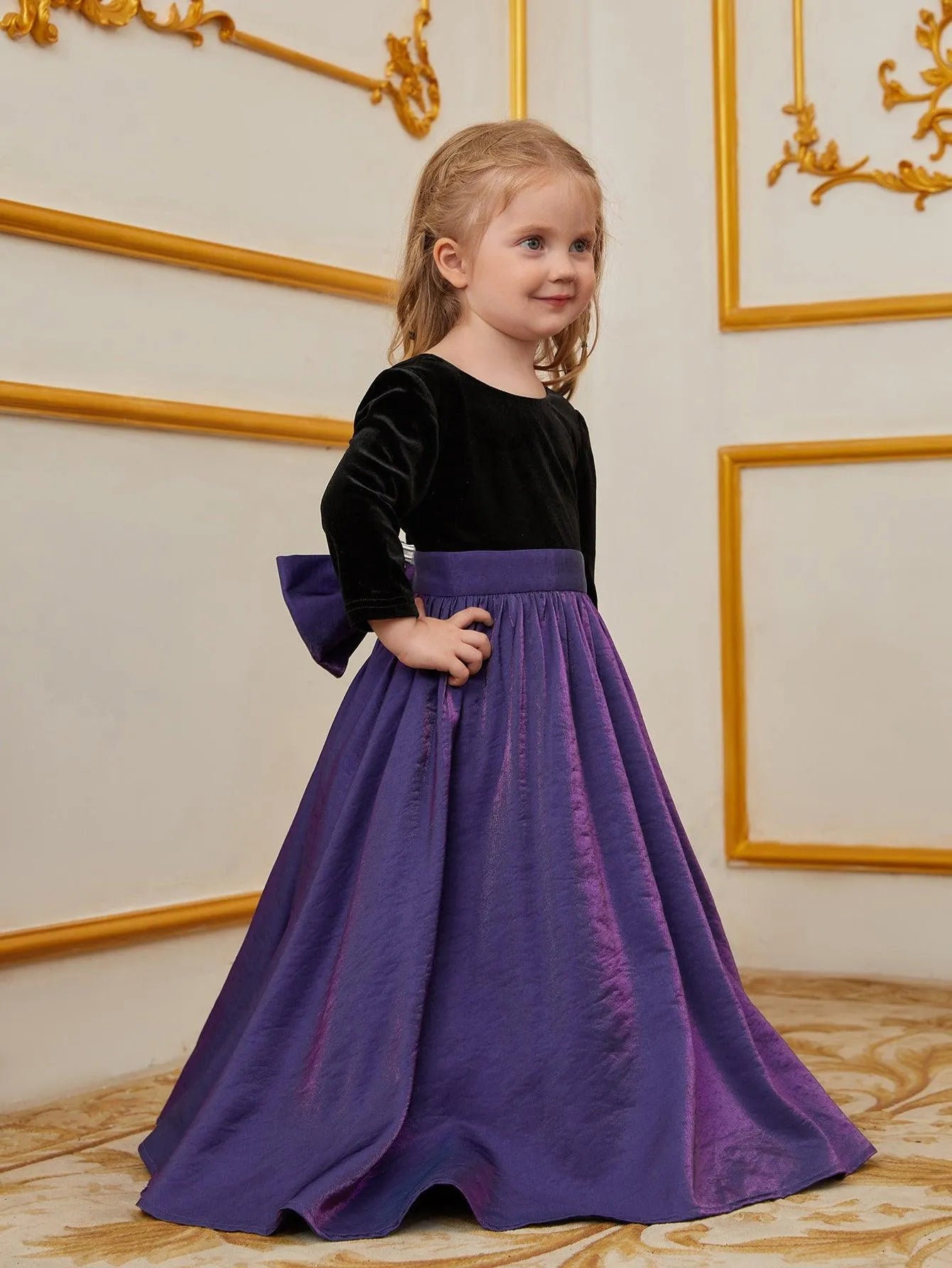 3 4 sleeve a line dress Young Girls' Backless 3/4 Sleeve A Line Dress With Bow Black / 5Y