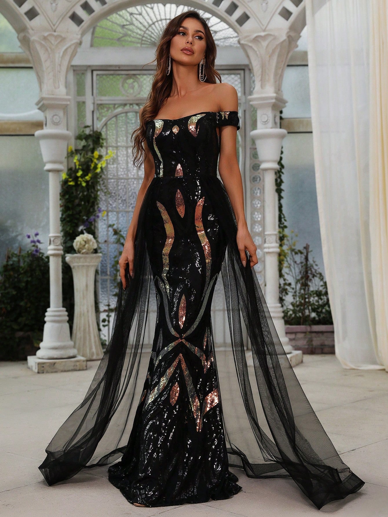 Sequin One-Shoulder Floral Mesh Mermaid Evening Gown Maxi Dress main image 0