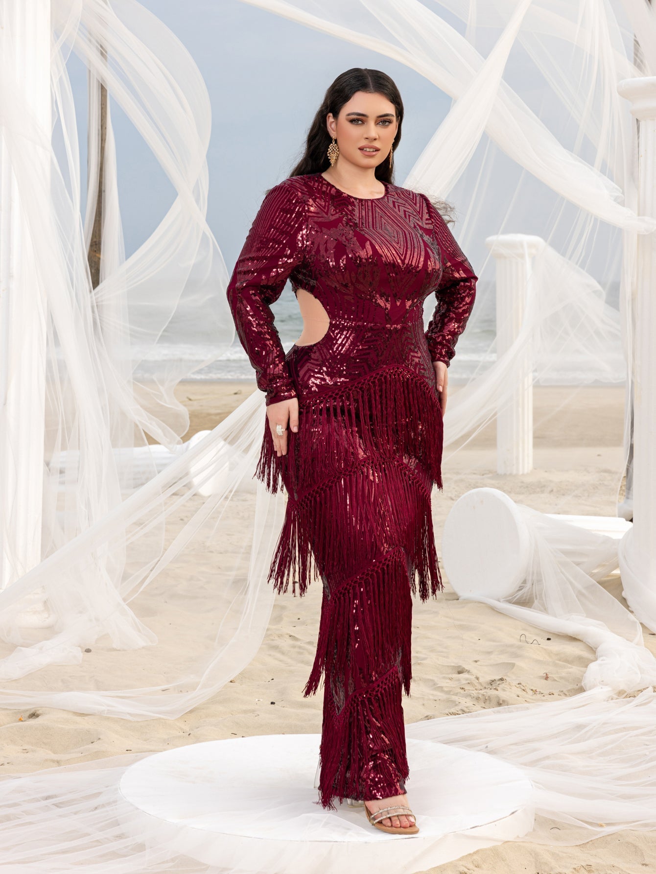 Plus Gorgeous Cut Out Waist Fringed Sequin Party Dress