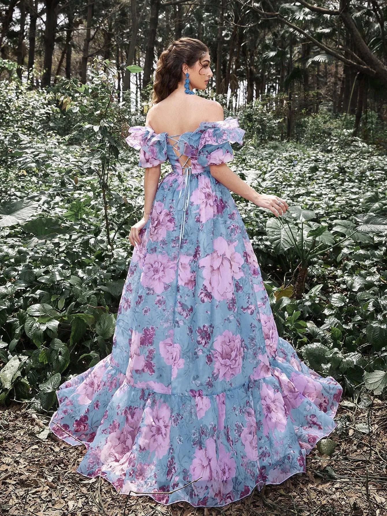 Elegant Ruffle Trim Off Shoulder Floral Organza Prom Dress Faeriesty Elegant Ruffle Trim Off Shoulder Floral Organza Prom Dress Faeriesty