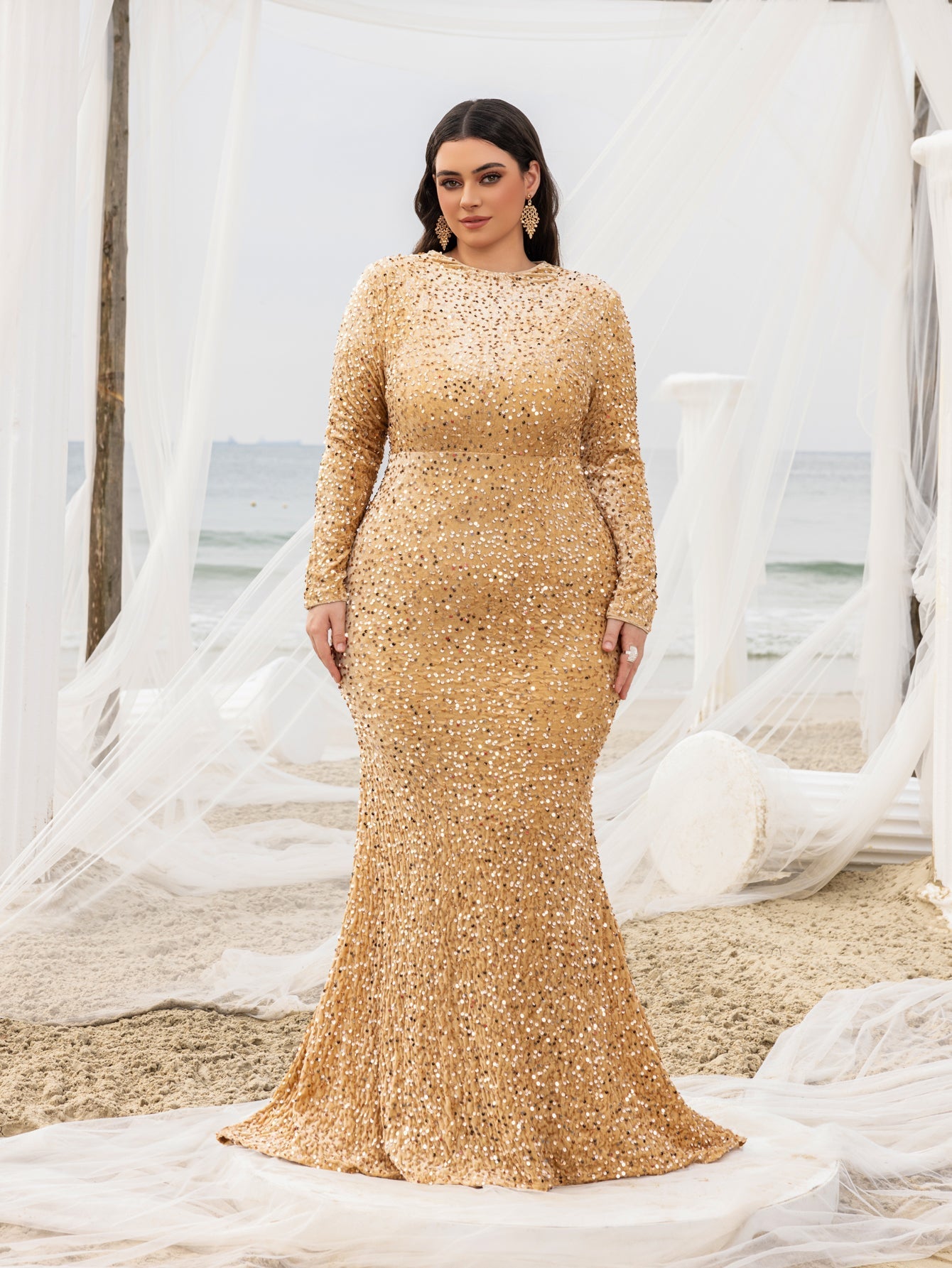 Plus Elegant Maxi Sequin Evening Gown with Mock Neck, Long Sleeves, and Mermaid Fishtail Skirt
