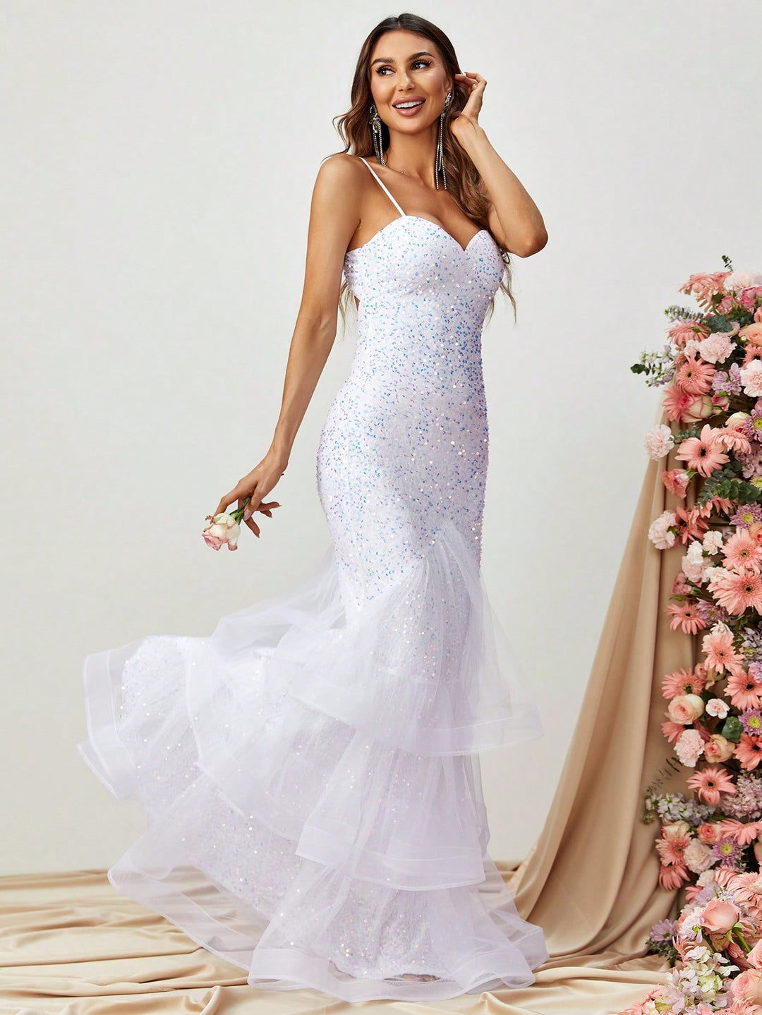 Spaghetti Strap Back Cut Out Sequin Layered Mermaid Dress