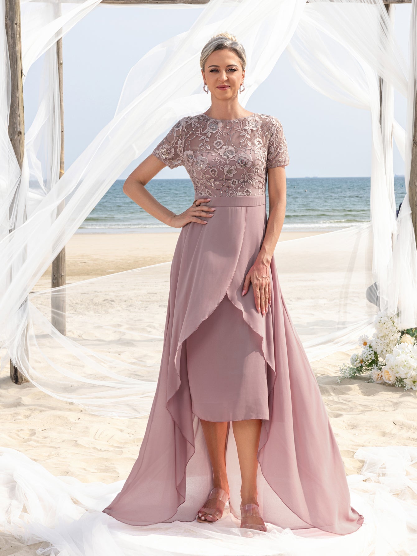 Womens' Elegant Mother-of-the-Bride Gown: Embroidered Sequin Bodice W Mauve / XXL Womens' Elegant Mother-of-the-Bride Gown: Embroidered Sequin Bodice W Mauve / XXL