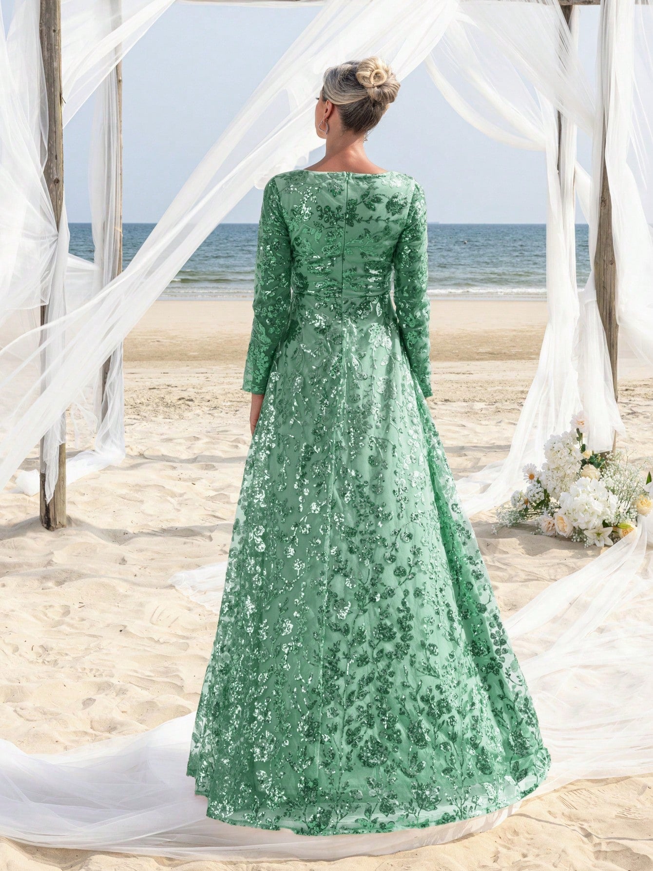 Womens' Elegant V-Neck Evening Gown with Delicate Lace & Silver Embroidery – Long Flowing Skirt for Seaside Weddings & Romantic Beach Events