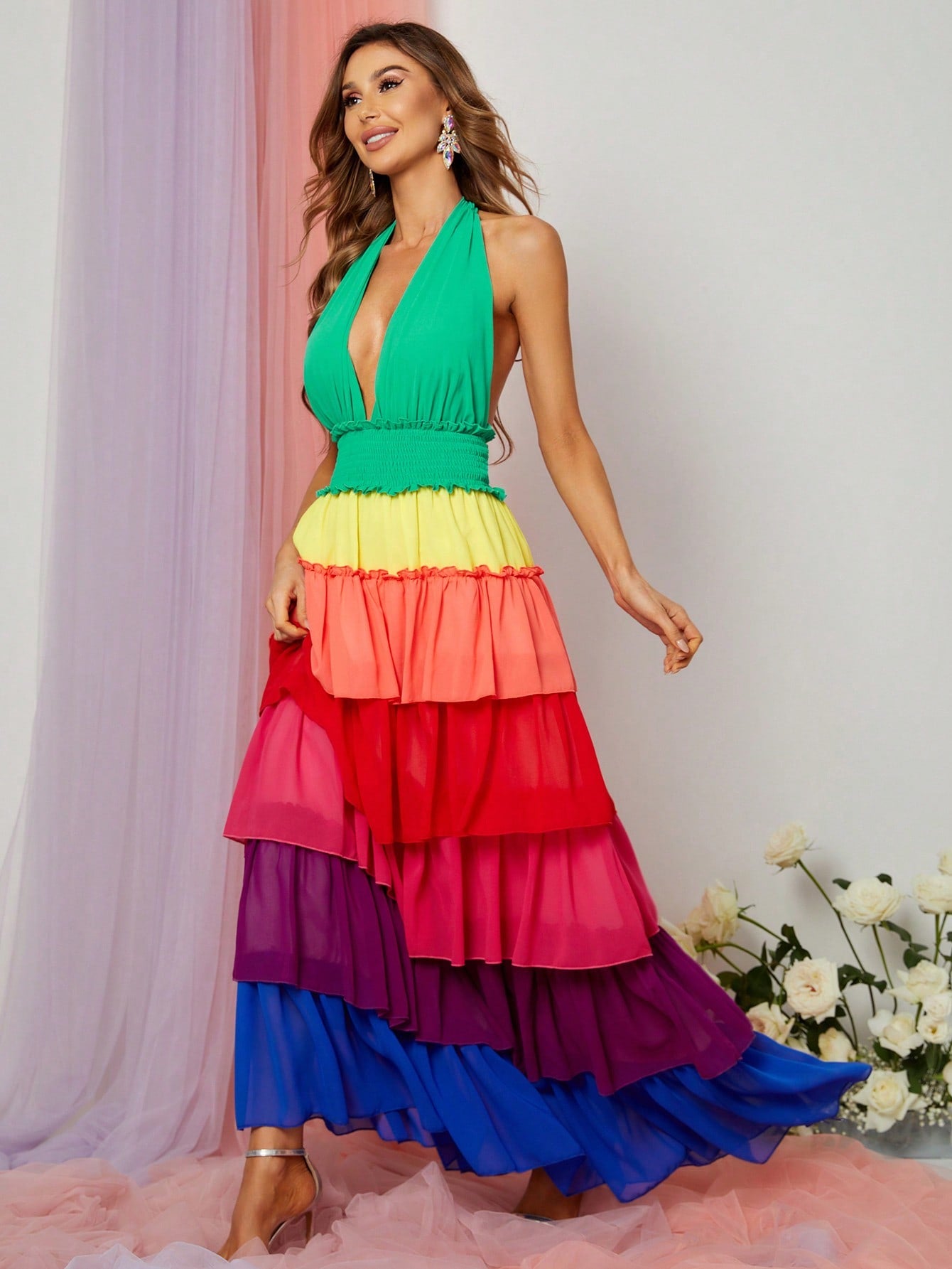 Halter Neck Backless Multicolor Chiffon Dress