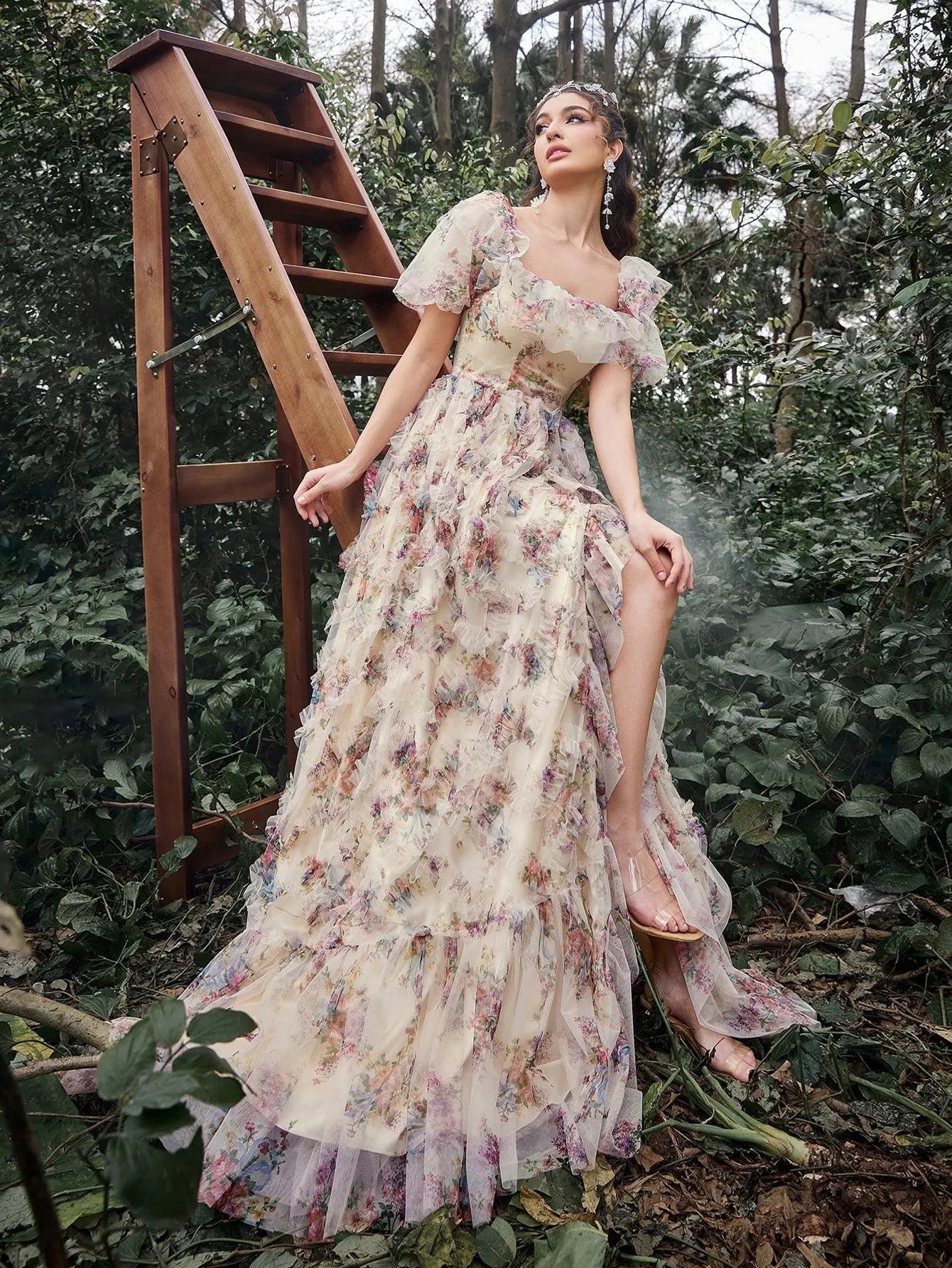 Elegant Ruffle Trim Puff Sleeves Floral Organza Prom Dress Faeriesty Elegant Ruffle Trim Puff Sleeves Floral Organza Prom Dress Faeriesty