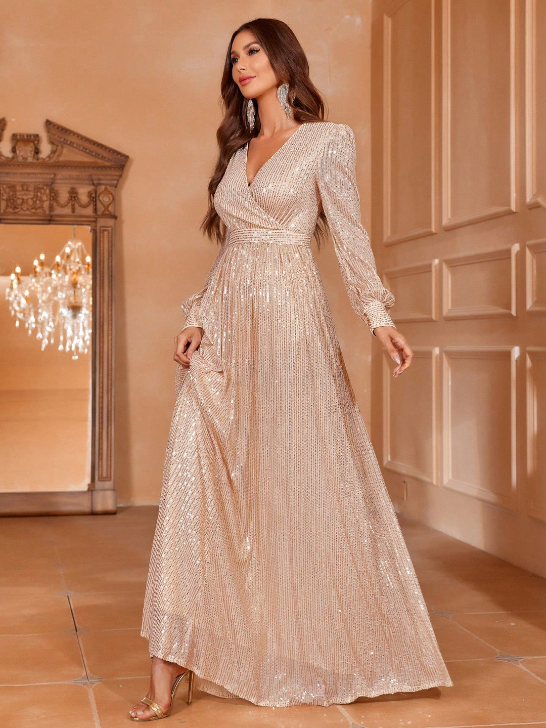 Elegant V Neck Lantern Sleeve Sequin A Line Dresses Grey / L Elegant V Neck Lantern Sleeve Sequin A Line Dresses Grey / L