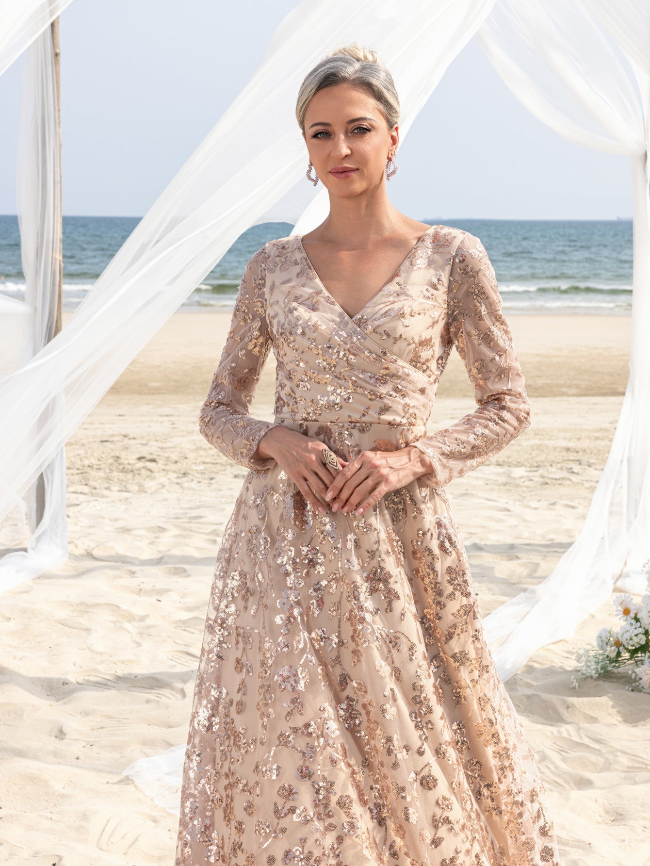 Womens' Elegant V-Neck Evening Gown with Delicate Lace & Silver Embroidery – Long Flowing Skirt for Seaside Weddings & Romantic Beach Events