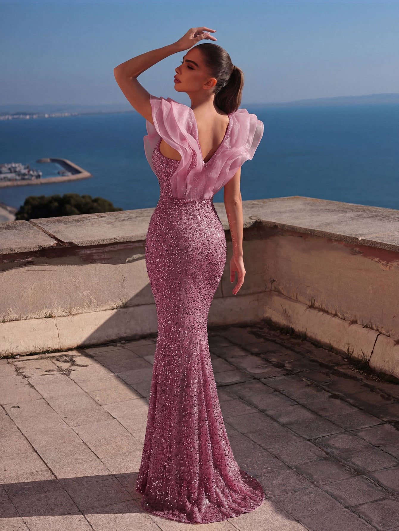 sequin dress mesh Elegant Insert Ruffle Trim Split Mermaid Champagne / XL Royal satin fabric ALL | L'IDÉE WOMAN *Product color as seen US Shoe Size (Women's):8