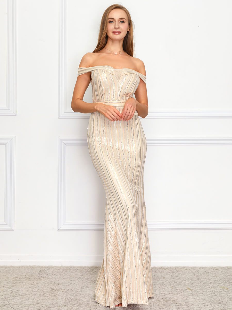 Elegant Off Shoulder Short Sleeve Sequin Dress
