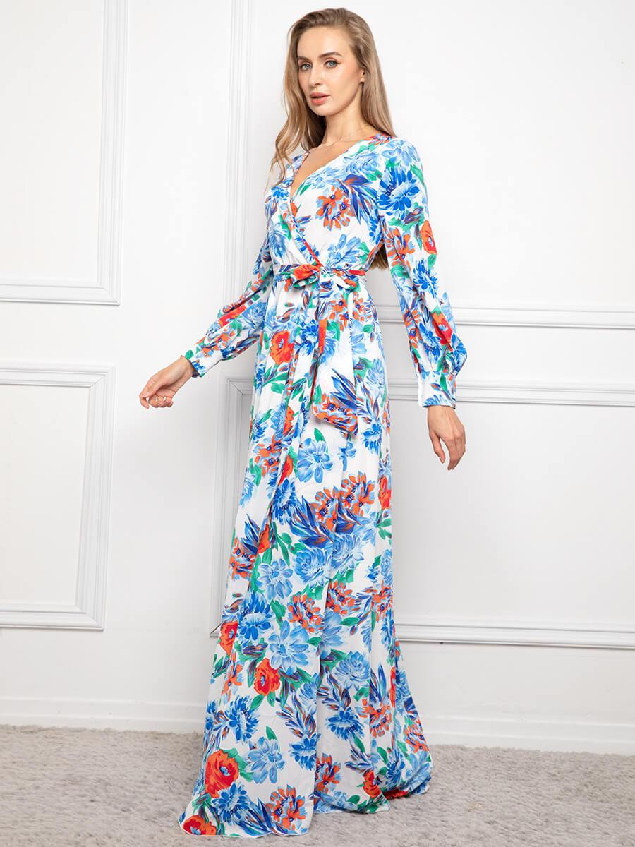 Elegant V Neck Long Sleeve Print Dress