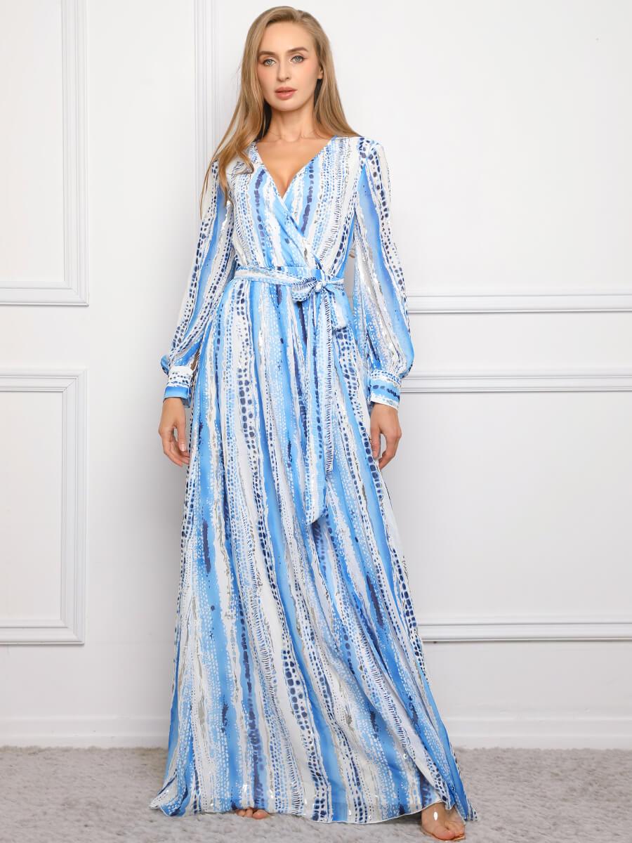 Elegant V Neck Long Sleeve Chiffon Print Dress