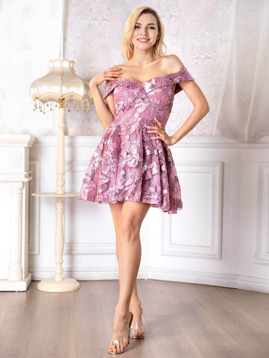 Elegant Off Shoulder Short Sleeve Flower Dress