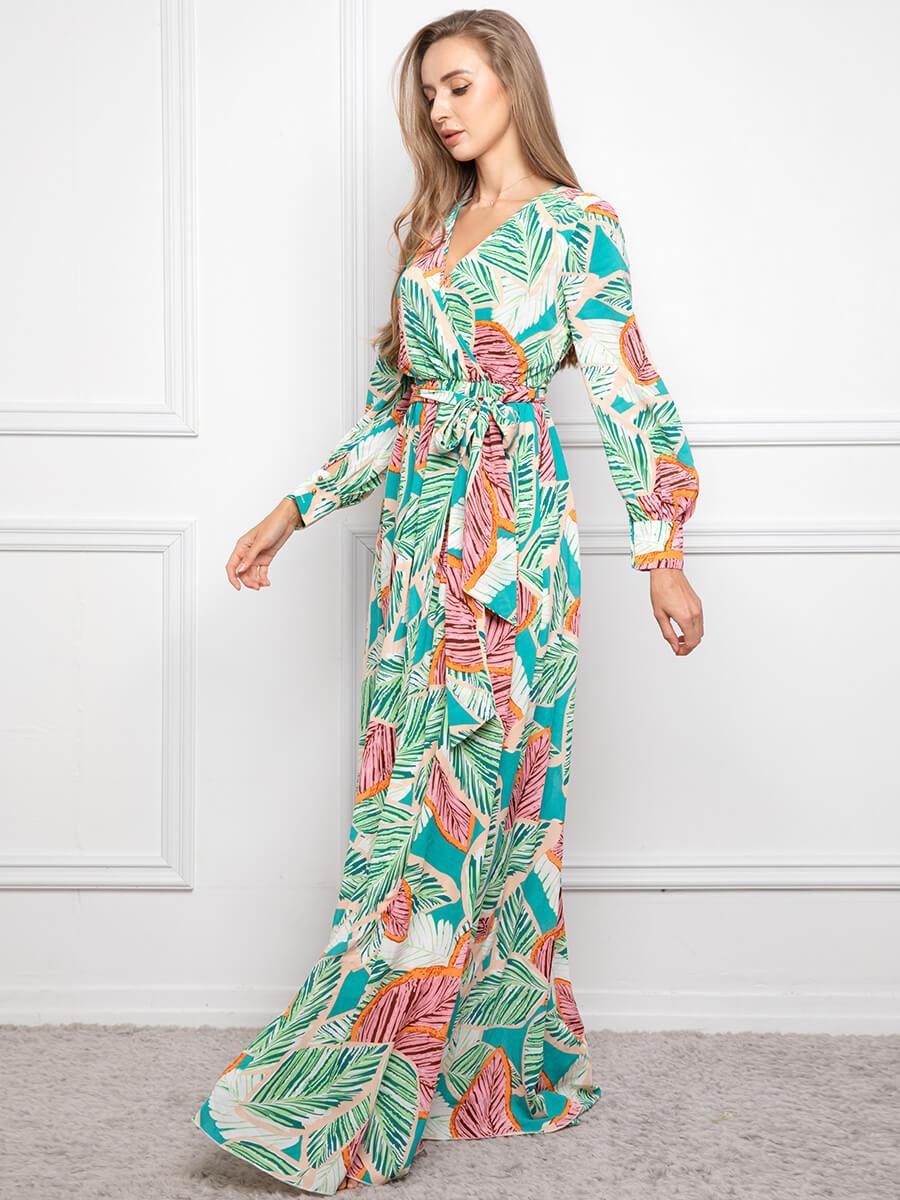 Elegant V Neck Long Sleeve Print Dress