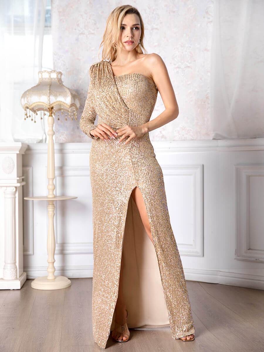 Elegant One Shoulder Long Sleeve Sequin Dress