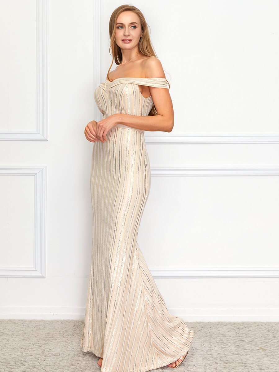 Elegant Off Shoulder Short Sleeve Sequin Dress