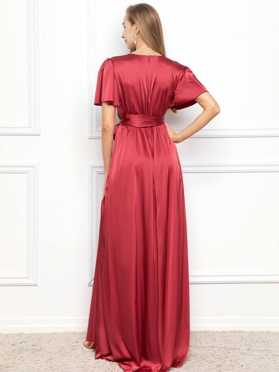 Elegant V Neck Short Sleeve Satin Dress