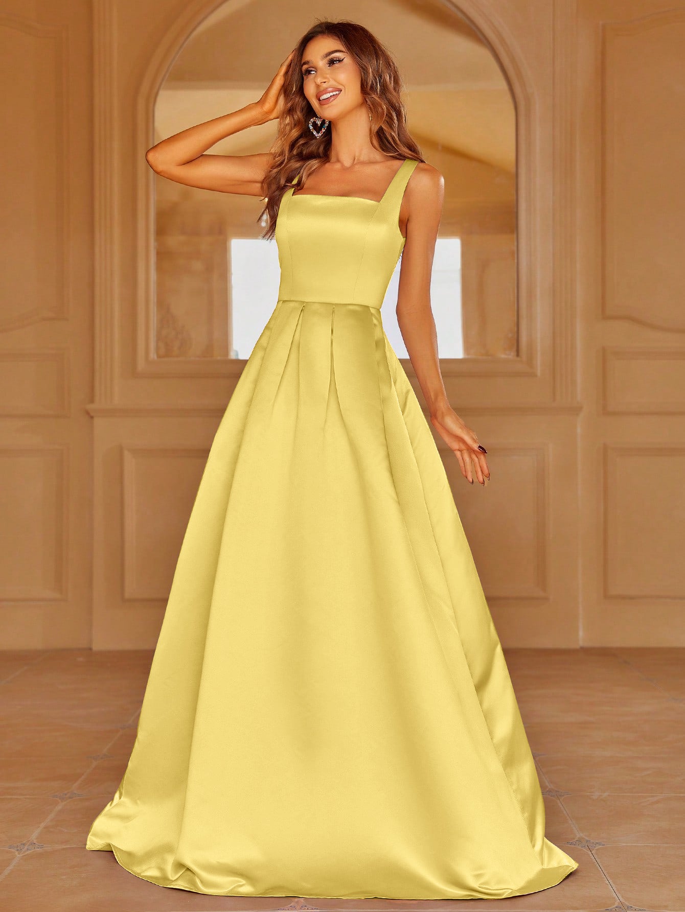 Square Neck Back Lace Up Satin A Line Dresses