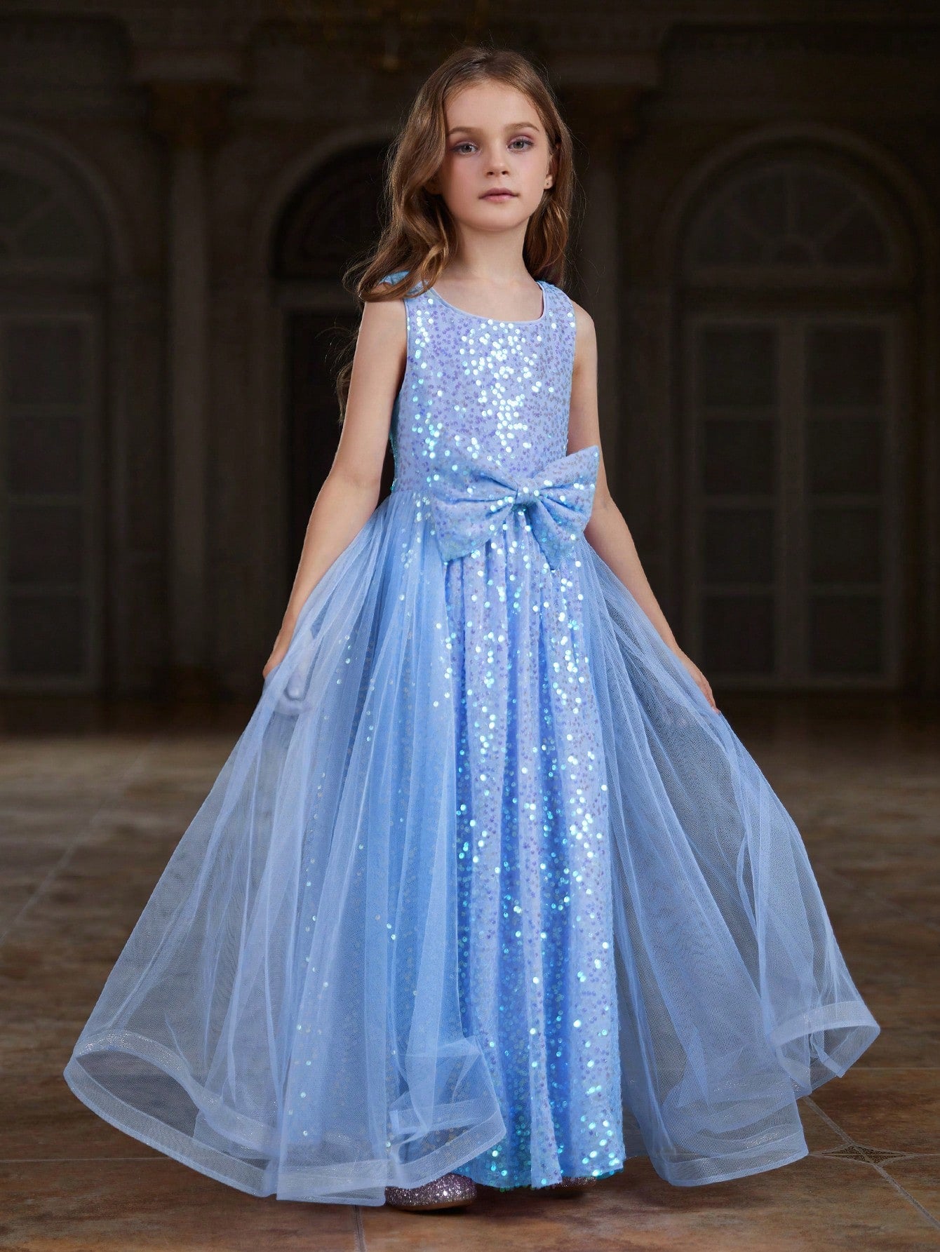 Tween Girls' Round Neck Sleeveless Mesh Overlay Sequin Dress Blue / 12Y Tween Girls' Round Neck Sleeveless Mesh Overlay Sequin Dress Blue / 12Y