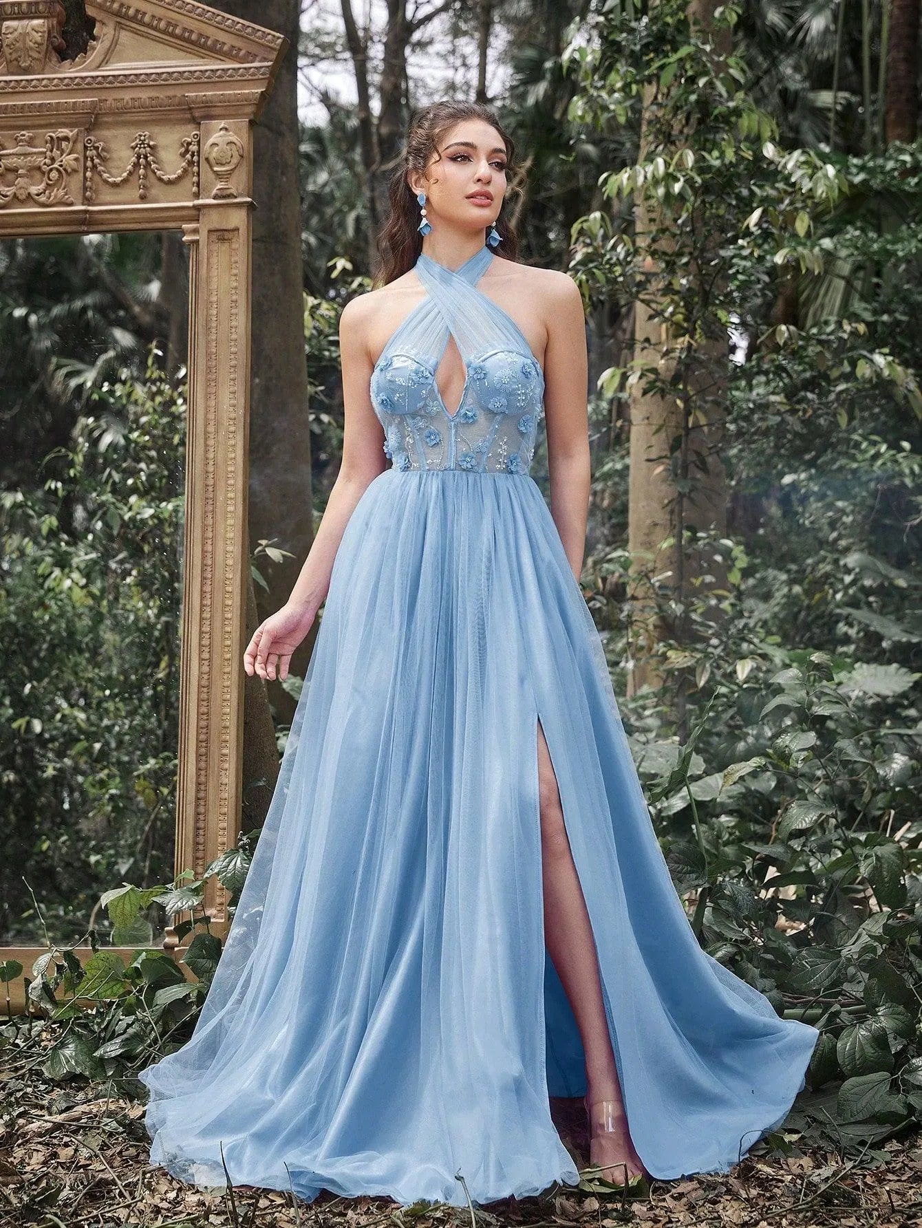 Gorgeous Halter Neck Applique Detail Bodice Lace-Up Back Prom Dress Light Blue / XS Gorgeous Halter Neck Applique Detail Bodice Lace-Up Back Prom Dress Light Blue / XS