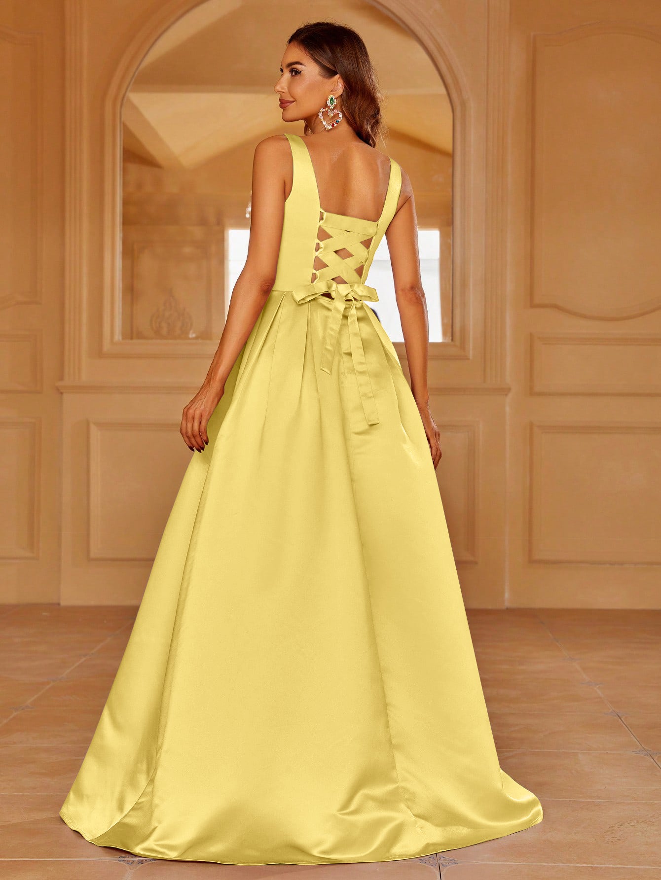 Square Neck Back Lace Up Satin A Line Dresses