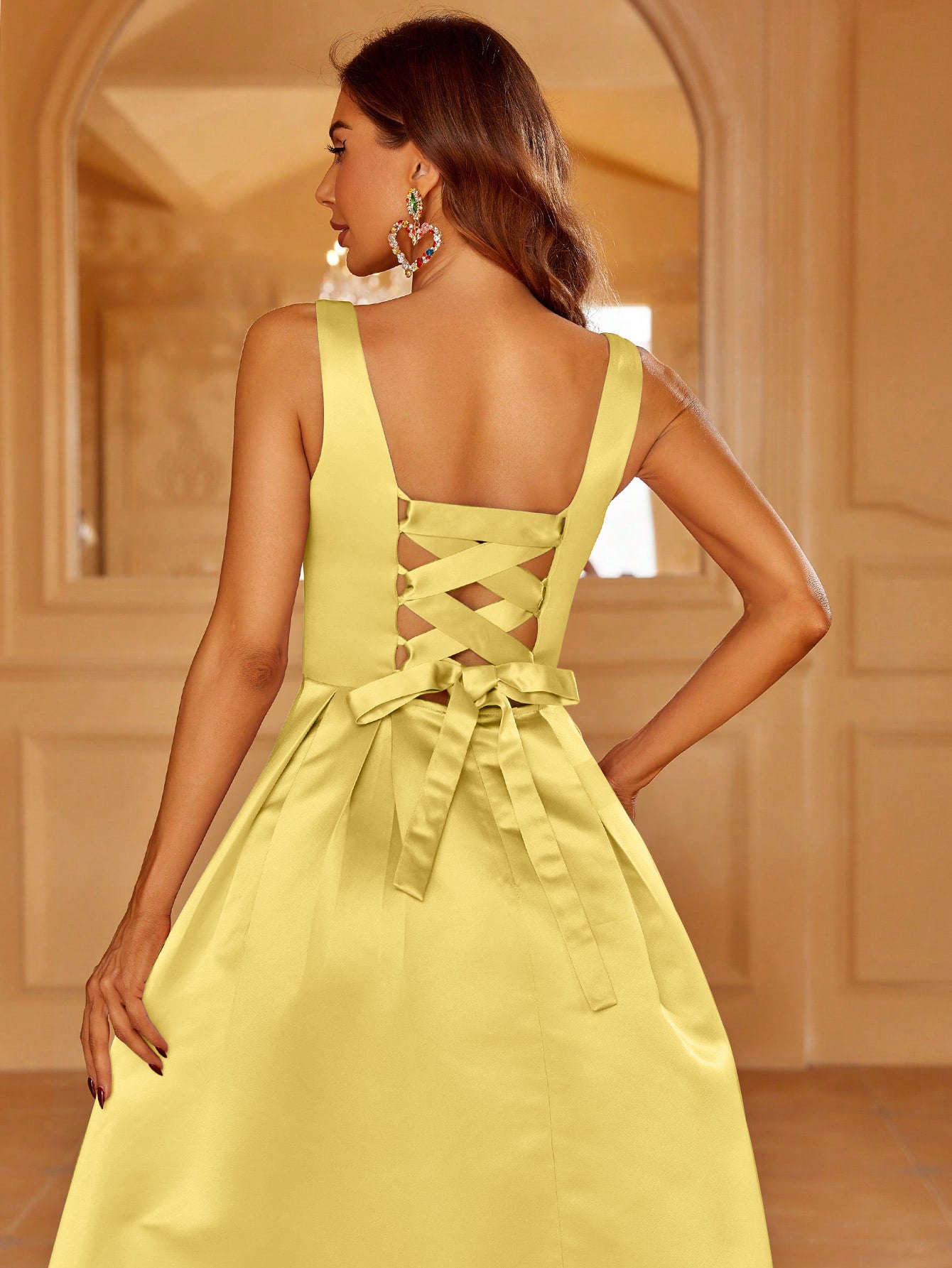 Square Neck Back Lace Up Satin A Line Dresses