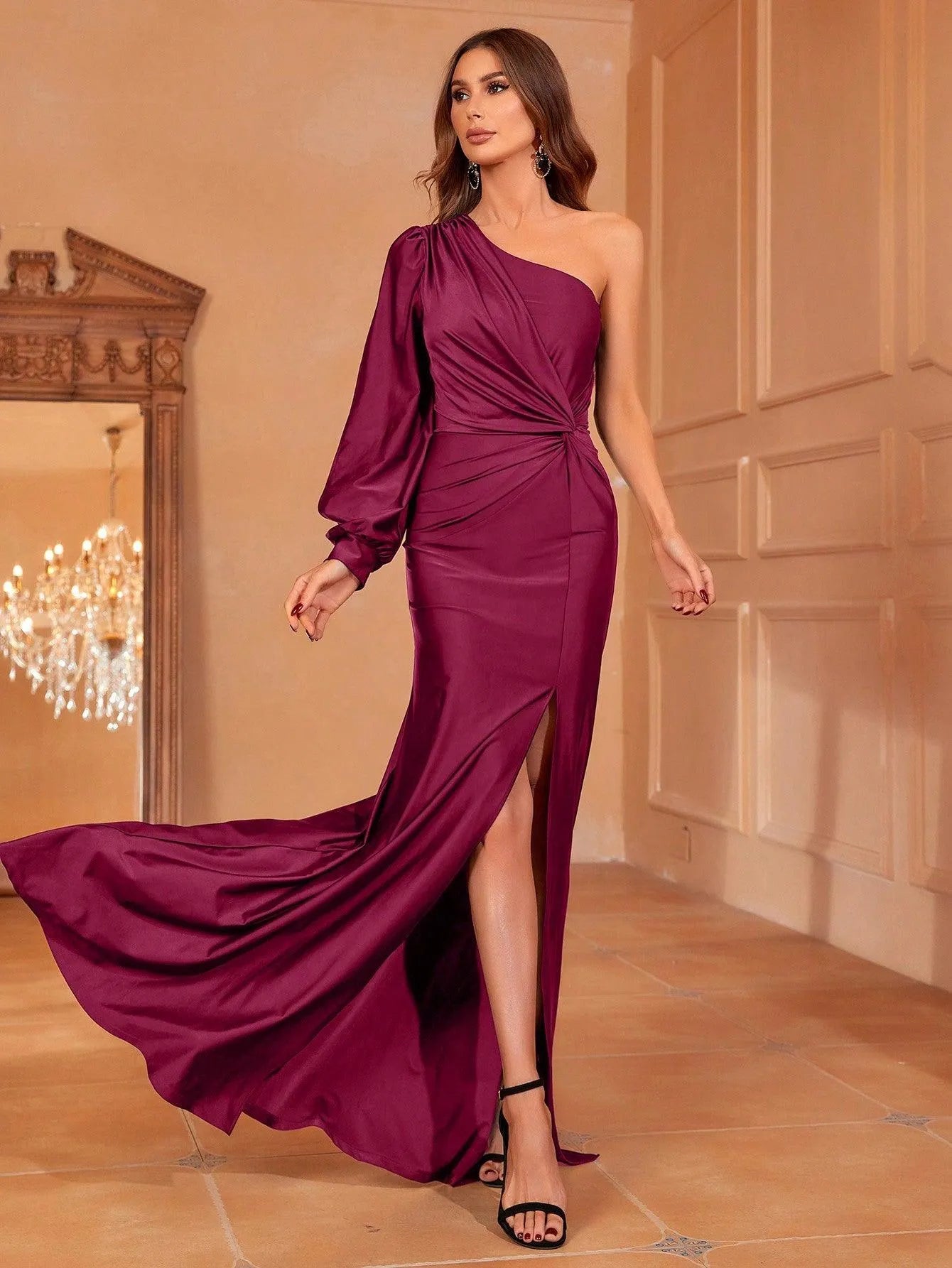 One Shoulder Twist Front Split Formal Dress Navy blue / L One Shoulder Twist Front Split Formal Dress Navy blue / L