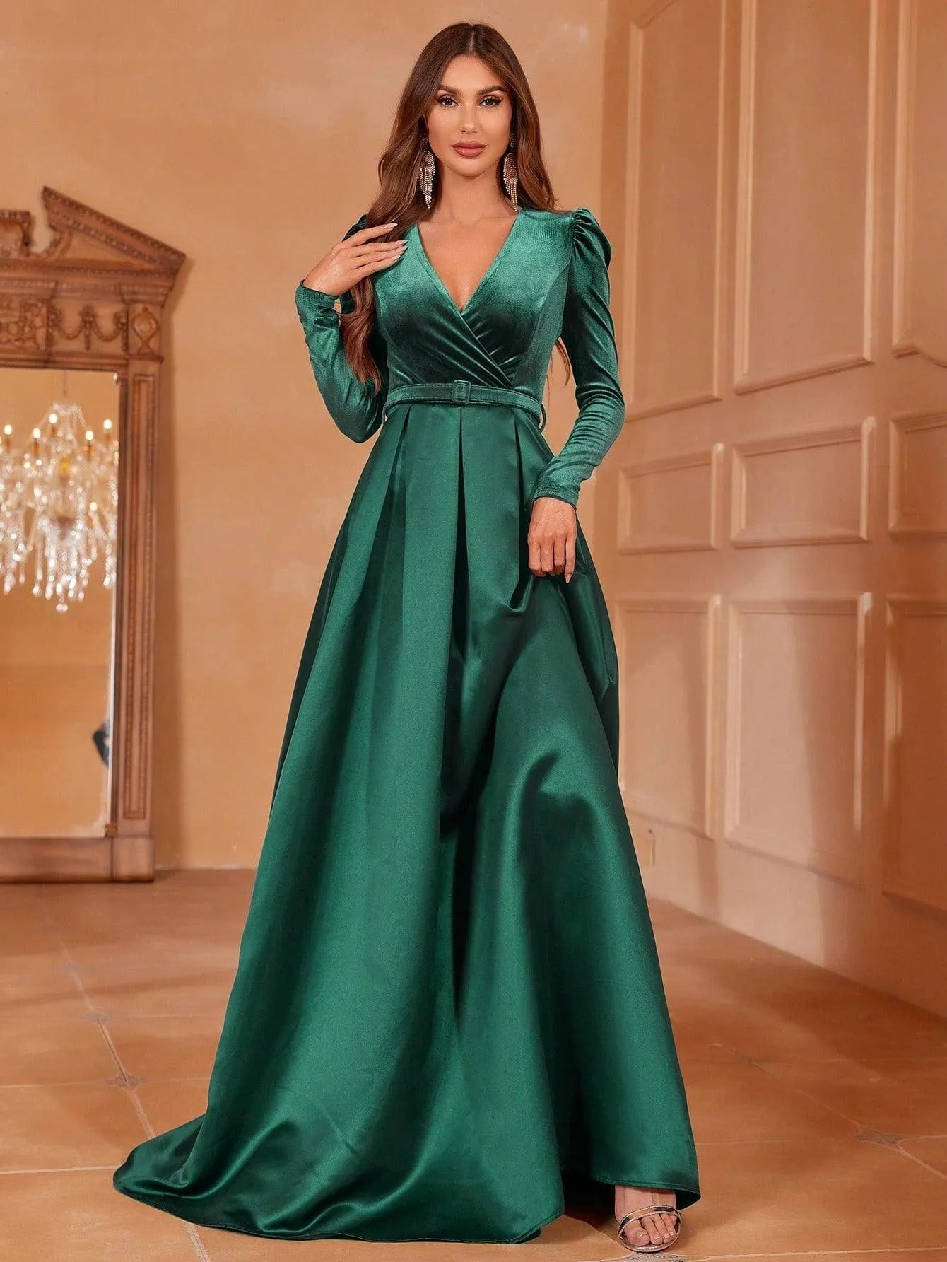 Surplice Neck Long Sleeves Belted Satin A Line Dress Dark Green / XL Surplice Neck Long Sleeves Belted Satin A Line Dress Dark Green / XL