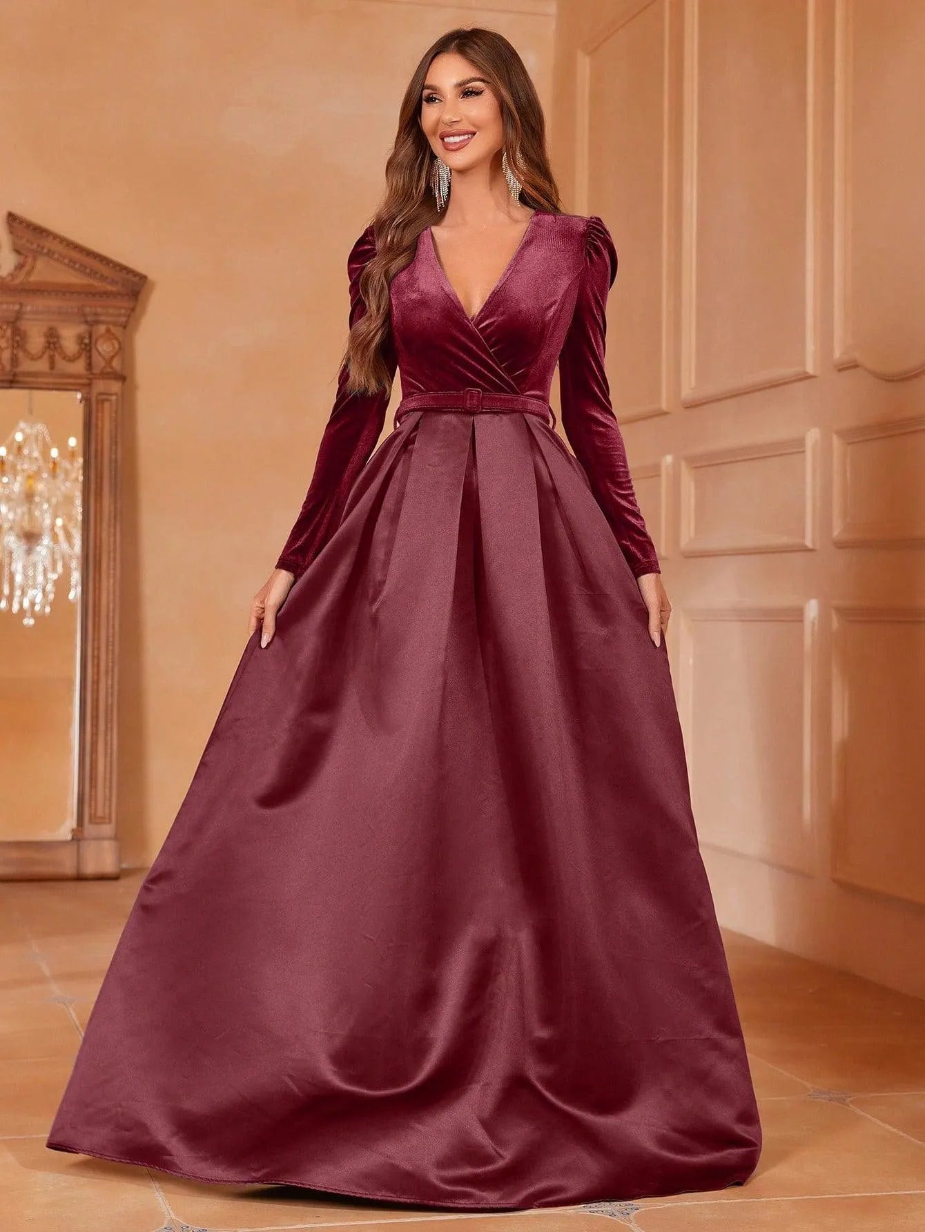 Surplice Neck Long Sleeves Belted Satin A Line Dress Navy blue / XS Surplice Neck Long Sleeves Belted Satin A Line Dress Navy blue / XS