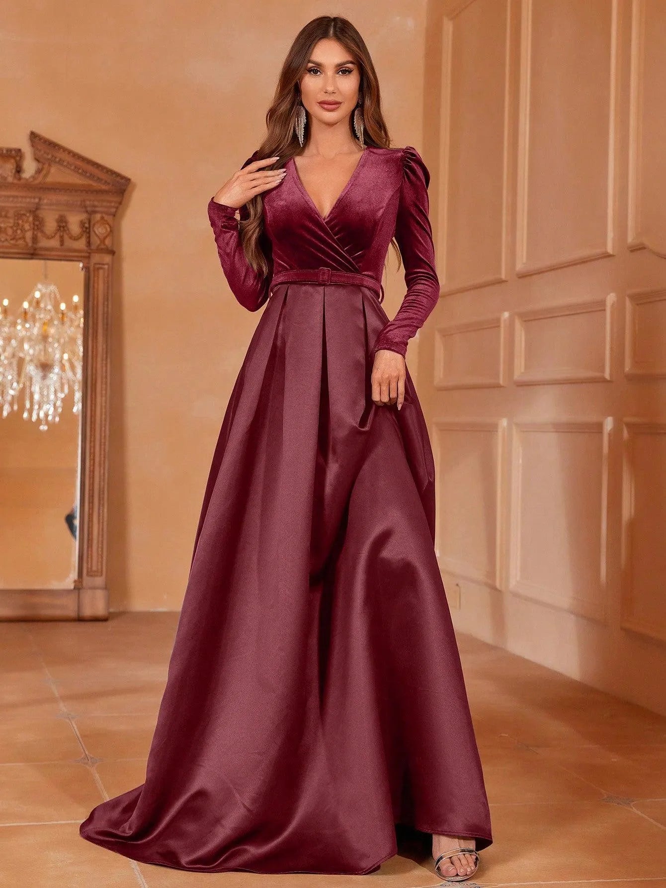 Surplice Neck Long Sleeves Belted Satin A Line Dress Navy blue / XS Surplice Neck Long Sleeves Belted Satin A Line Dress Navy blue / XS