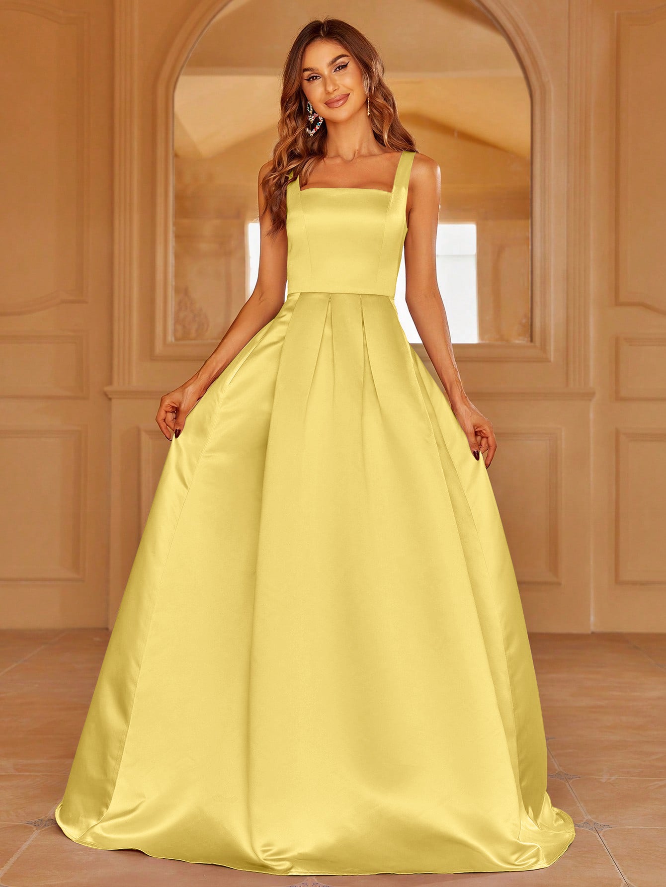 Square Neck Back Lace Up Satin A Line Dresses