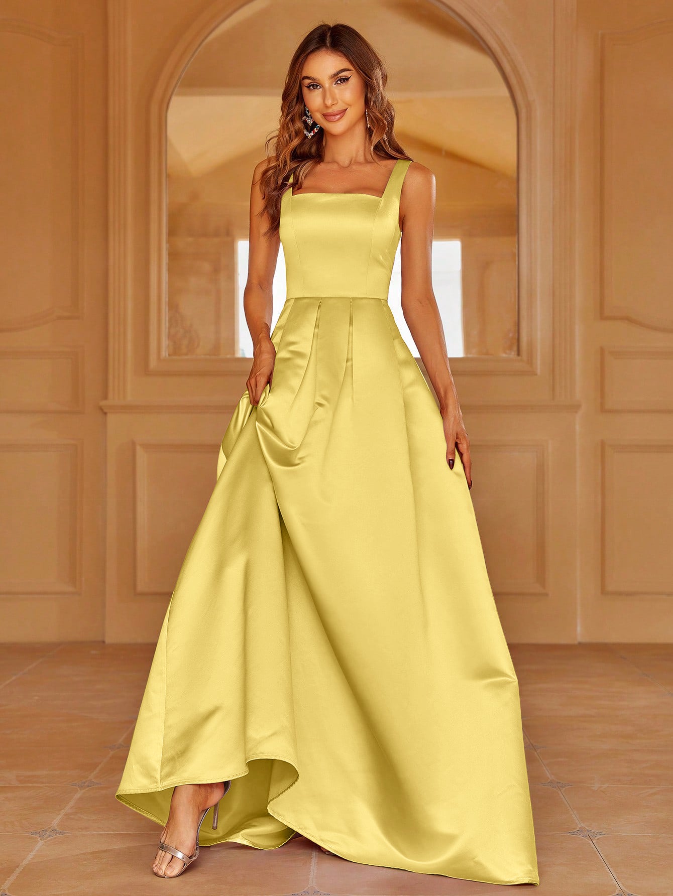 Square Neck Back Lace Up Satin A Line Dresses Champagne / XS Square Neck Back Lace Up Satin A Line Dresses Champagne / XS