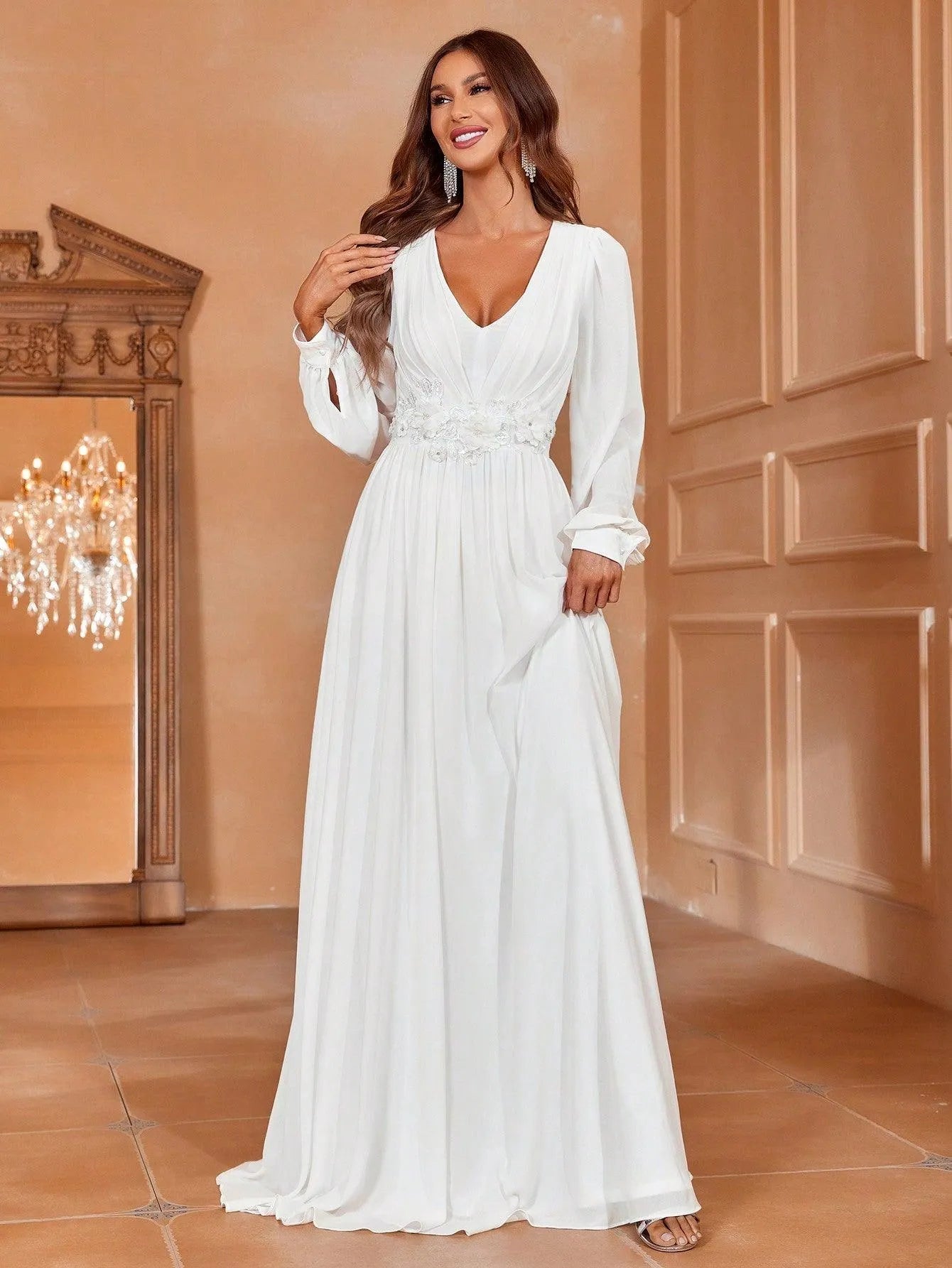 Floral Applique Lantern Sleeve Chiffon Formal Dress Green / L