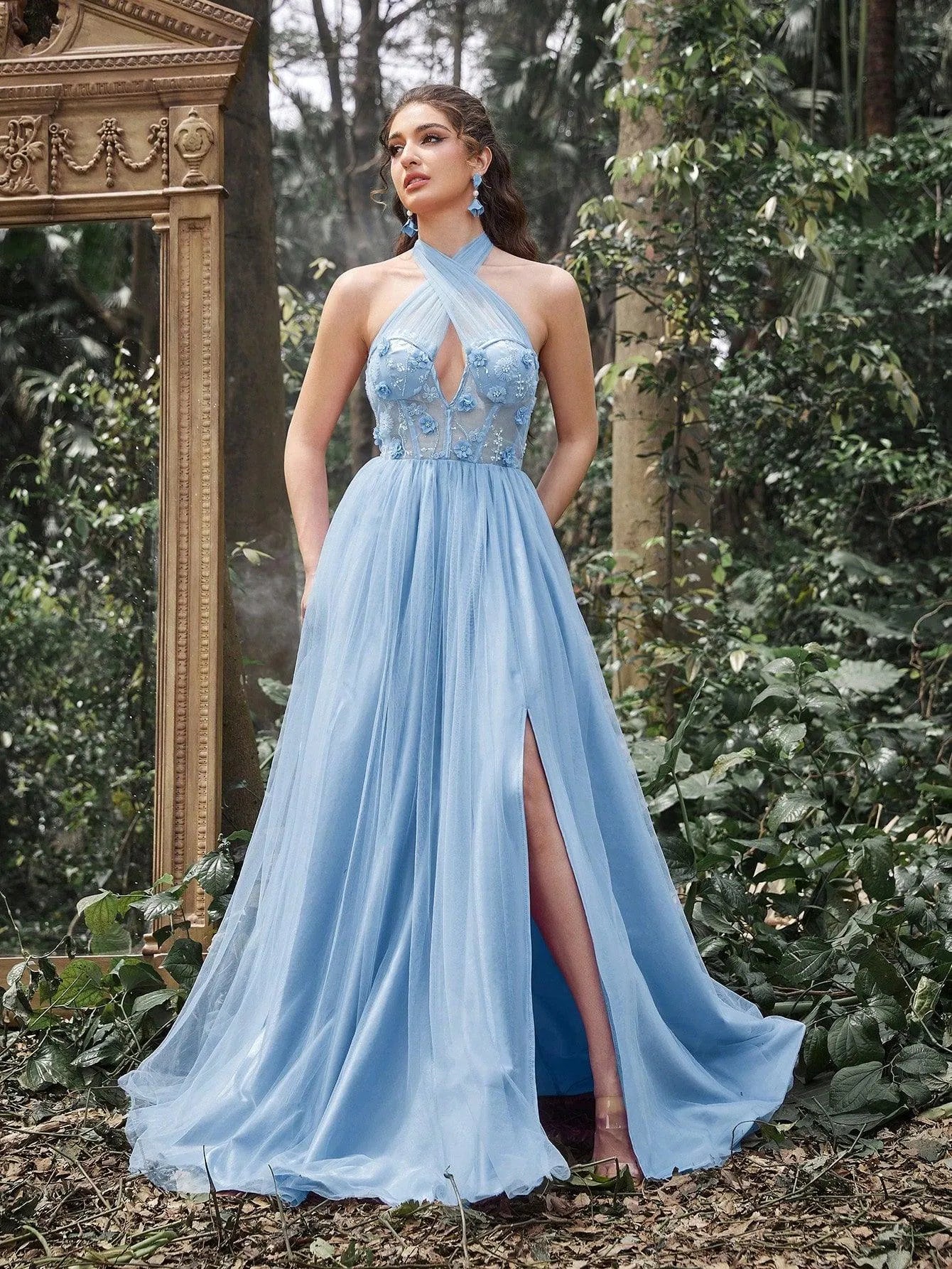 Gorgeous Halter Neck Applique Detail Bodice Lace-Up Back Prom Dress Light Blue / XS Gorgeous Halter Neck Applique Detail Bodice Lace-Up Back Prom Dress Light Blue / XS