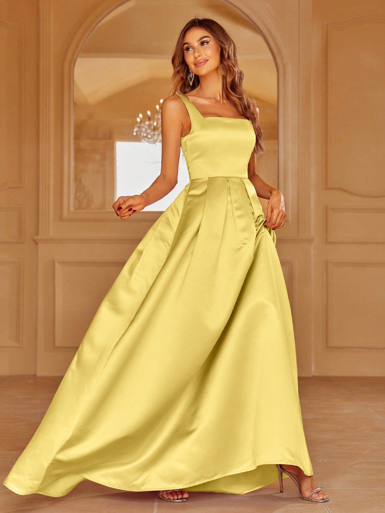 Square Neck Back Lace Up Satin A Line Dresses