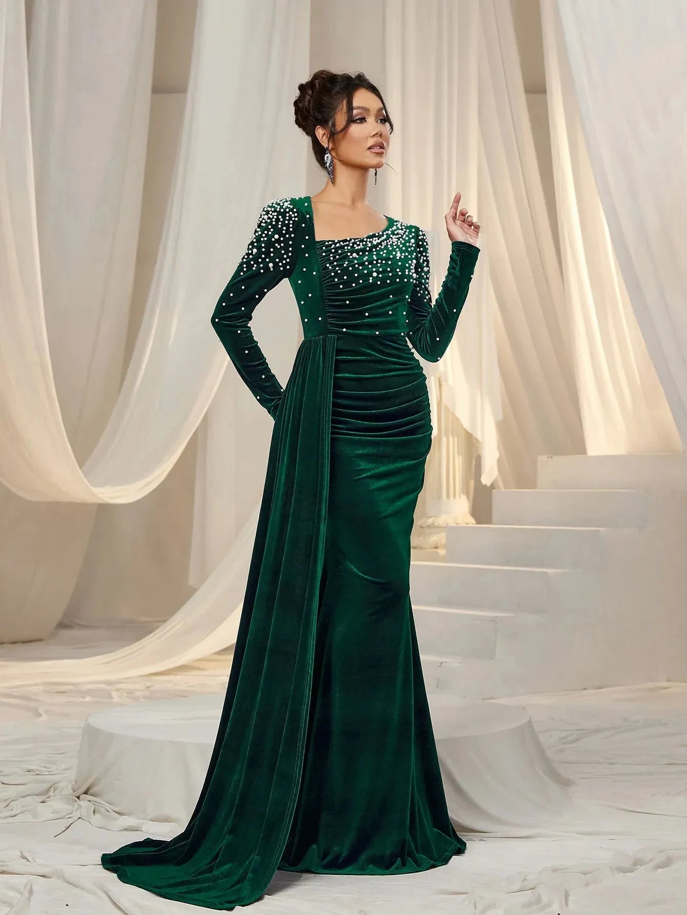 Classy Elegant Evening Party Dress Fancy Long Dresses With Sleeves Emerald Green Evening Gowns: Elegant Chiffon Classy Elegant Evening Party Dress Fancy Long Dresses With Sleeves Emerald Green Evening Gowns: Elegant Chiffon
