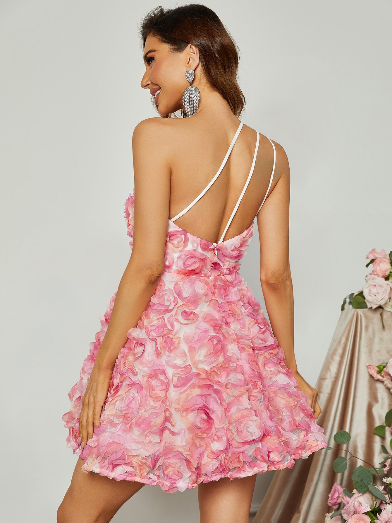 Elegant One Shoulder Sleeveless 3D Flower Graduation Dress