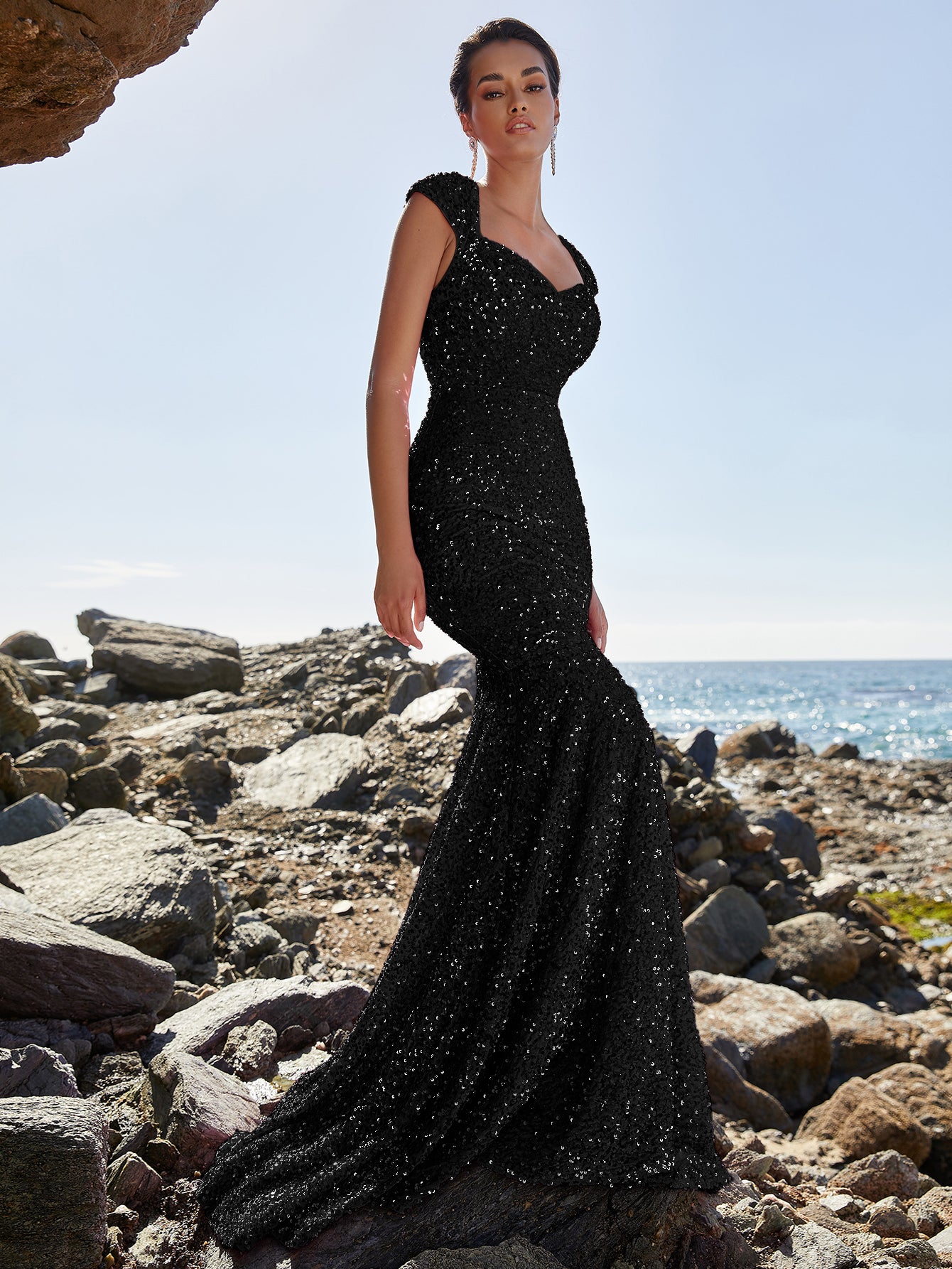 Elegant Black Sequin Sweetheart Prom Dresses